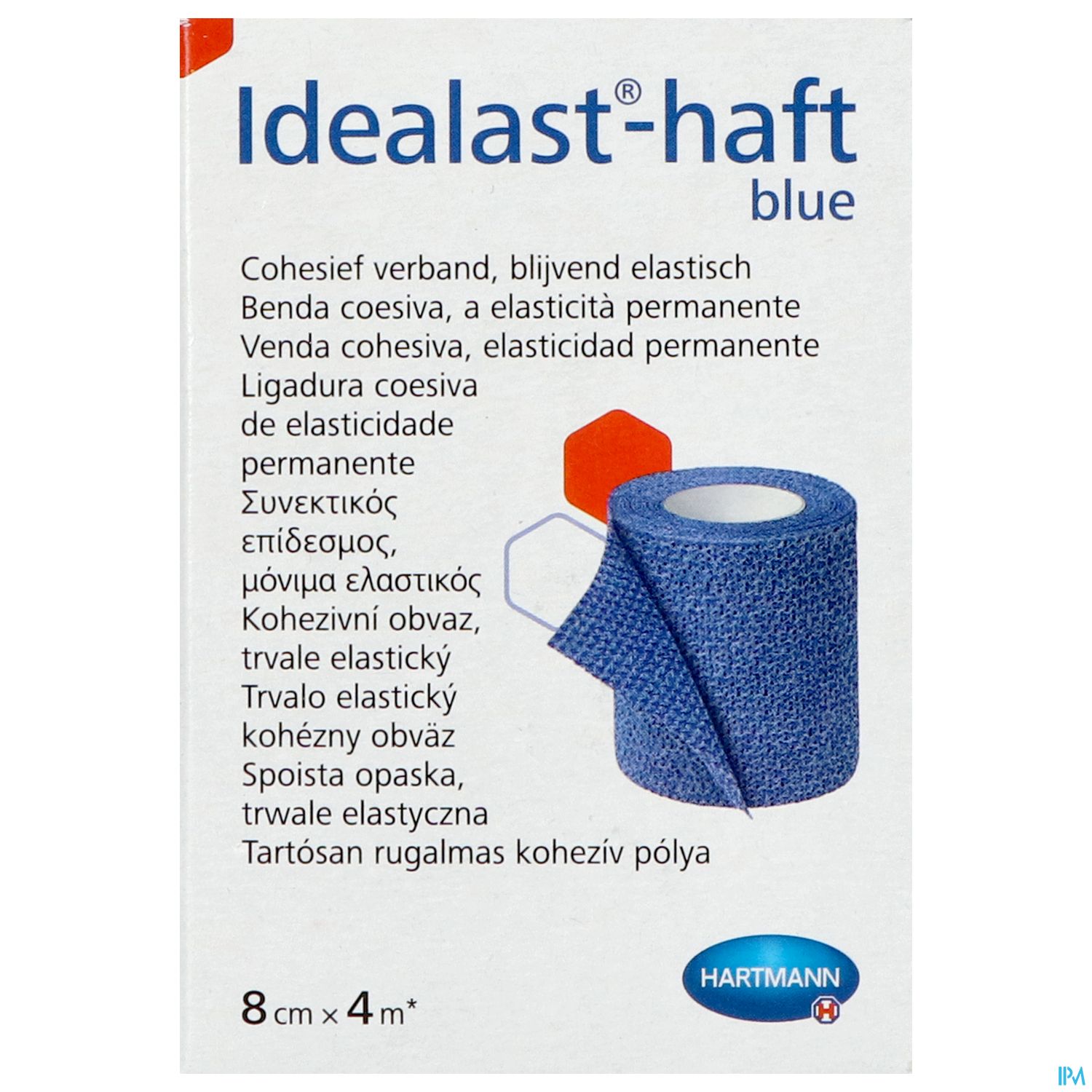 Verpackung eines elastischen, kohäsiven Verbands namens Idealast-haft in blauer Farbe, Maße: 8 cm x 4 m.