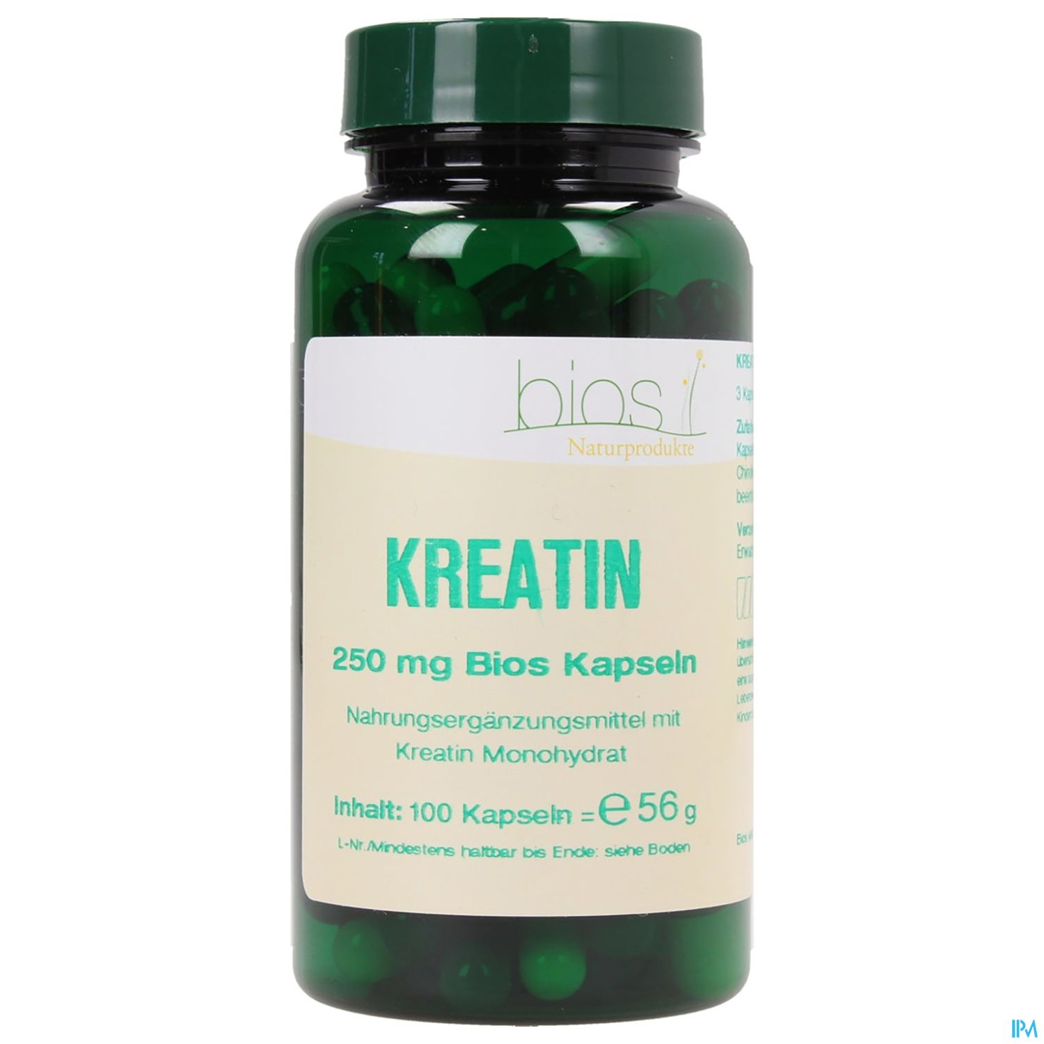Grünes Flaschendosister mit der Aufschrift "Kreatin", 250 mg Bios Kapseln, Nahrungsergänzungsmittel mit Kreatin Monohydrat, Inhalt: 100 Kapseln.