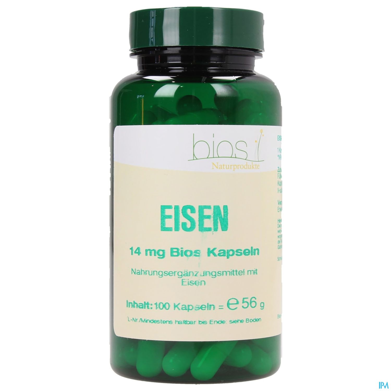 Grüne Kapseln in einer schwarzen Flasche mit der Aufschrift "EISEN" und Informationen über Inhalt und Dosierung.