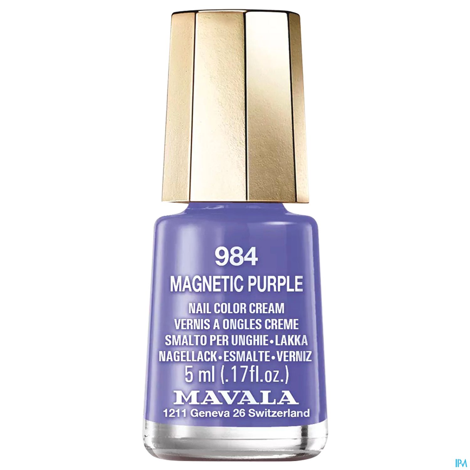 Flasche mit lila Nagellack der Marke Mavala, beschriftet mit "Magnetic Purple" und der Nummer 984, 5 ml.
