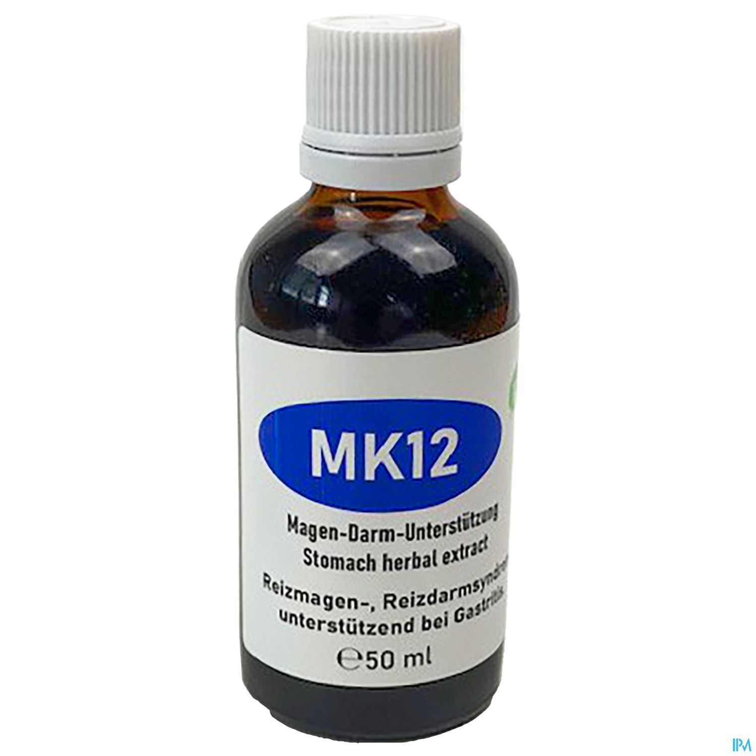 Braungläsersflasche mit der Aufschrift "MK12" und den Hinweisen zur Magen-Darm-Unterstützung sowie zur Verwendung bei Reizmagen.