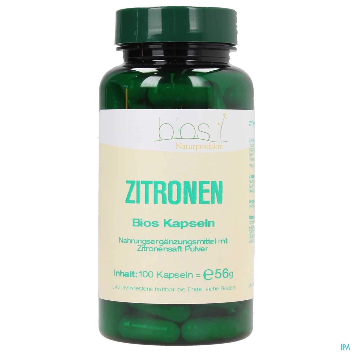 Grüne Kapseln in einem transparenten Behälter mit der Aufschrift "Zitronen Bios Kapseln" und Informationen über den Inhalt.