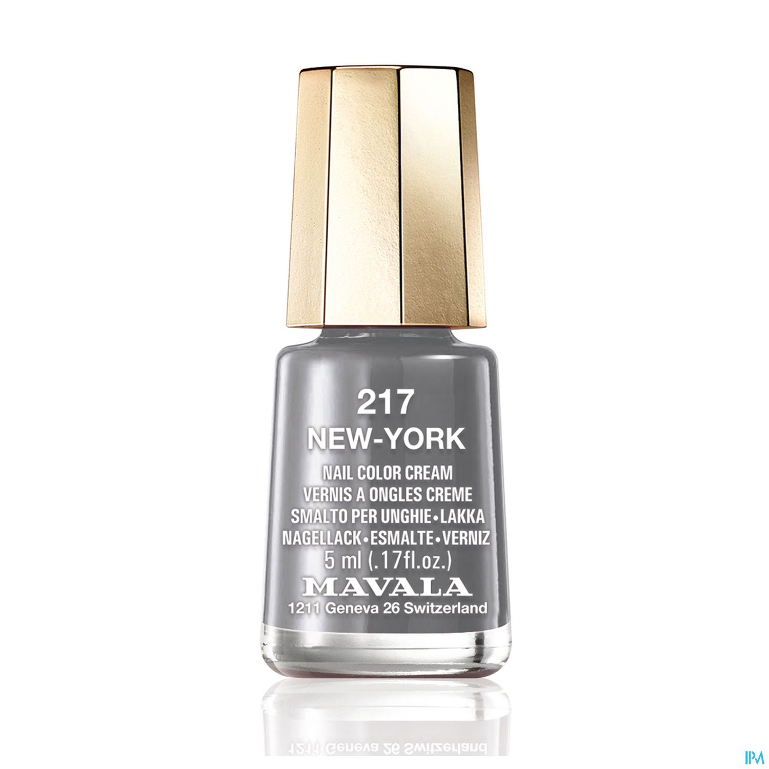Nagellackflasche in grau mit goldfarbenem Deckel, beschriftet mit "217 NEW-YORK" und "MAVALA".