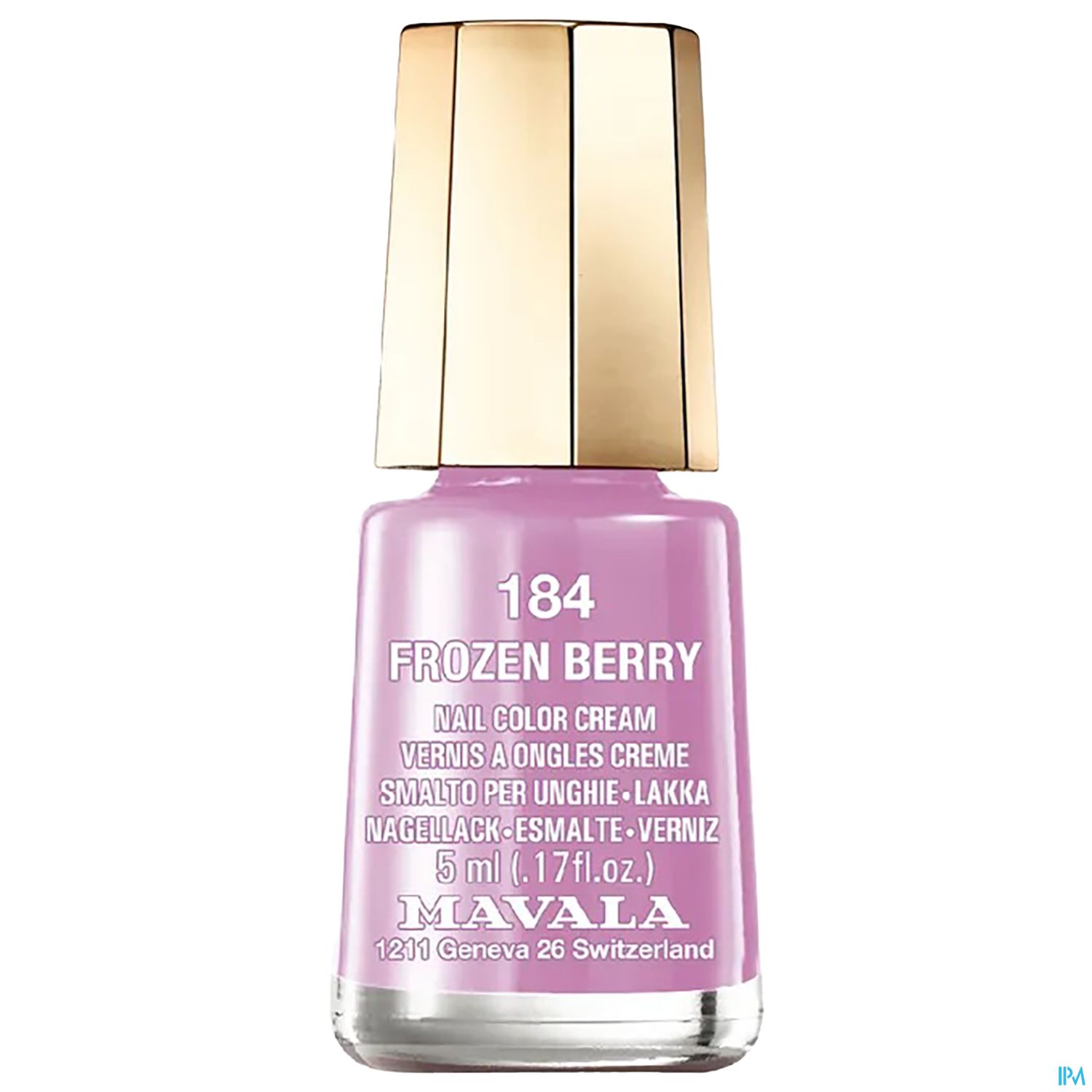Nagellackflasche in der Farbe "Frozen Berry" von Mavala, mit goldfarbenem Deckel und einer Füllmenge von 5 ml.