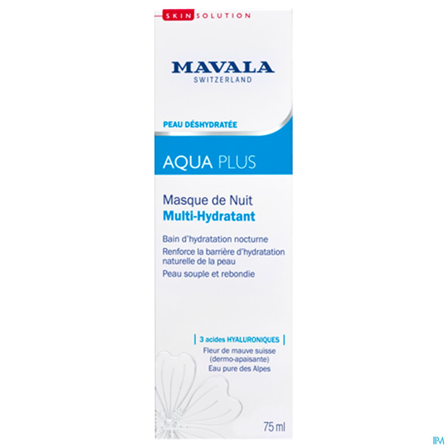 Produktverpackung von Mavala Aqua Plus, Nachtmaske zur intensiven Hydratation, 75 ml.