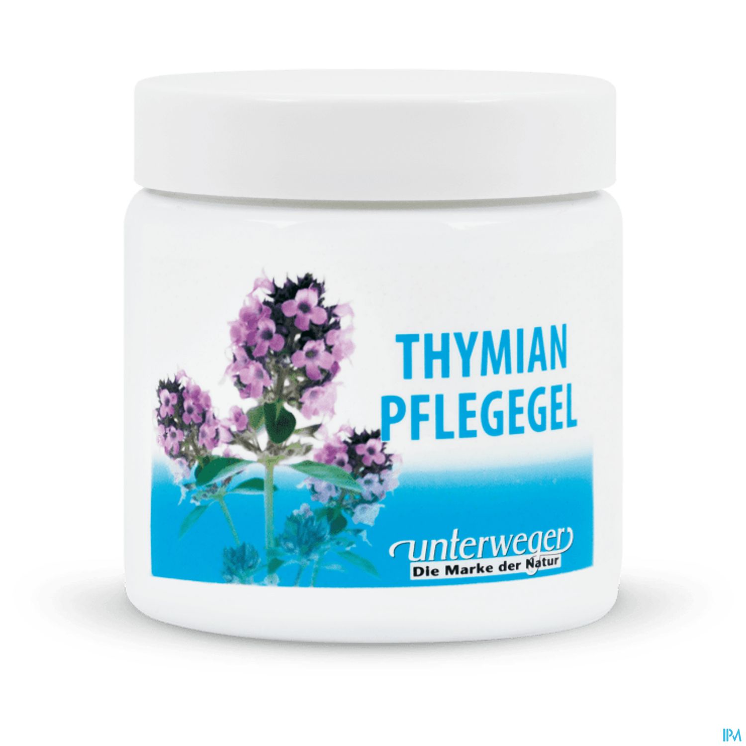 Ein weißes Glas mit einem Deckel, auf dem "THYMIAN PFLEGEGEL" steht, umgeben von einer Abbildung von Thymianblüten.