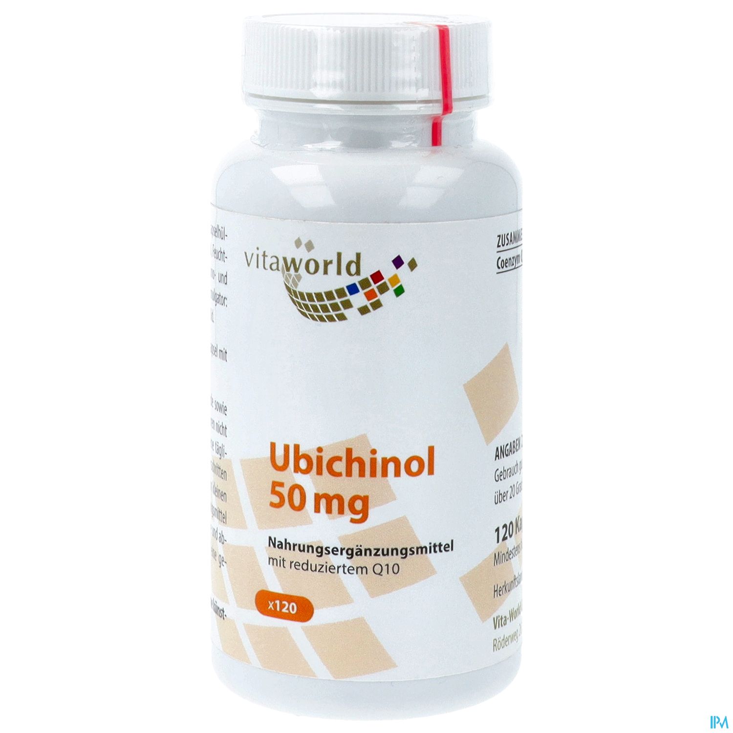 Weißes Fläschchen mit einem roten Deckel, das Ubichinol 50 mg als Nahrungsergänzungsmittel enthält.