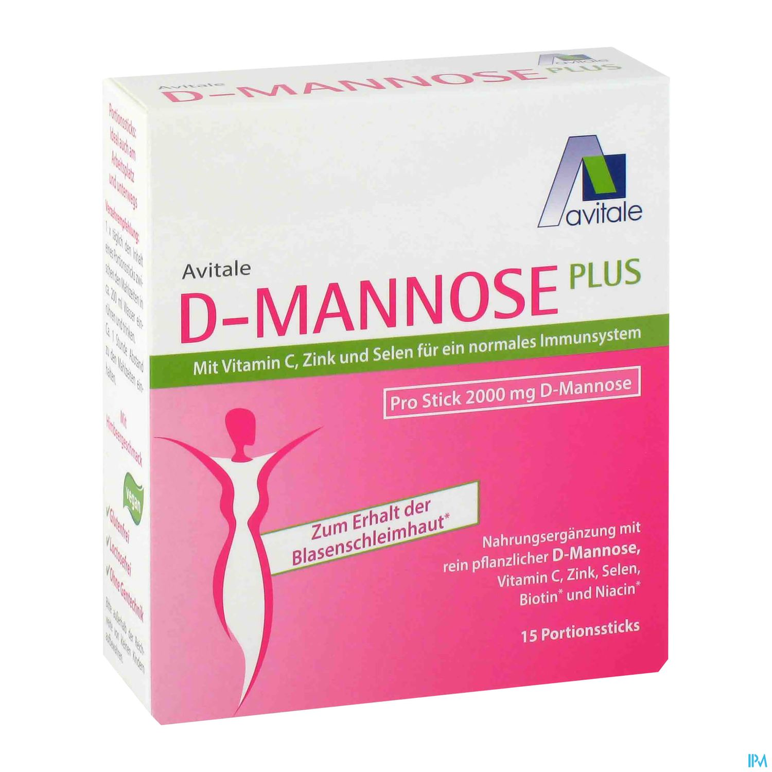 Verpackung von Avitale D-Mannose Plus, eine Nahrungsergänzung mit Vitamin C, Zink und Selen, zur Unterstützung der Blasenschleimhaut. 15 Portionen à 2000 mg D-Mannose.