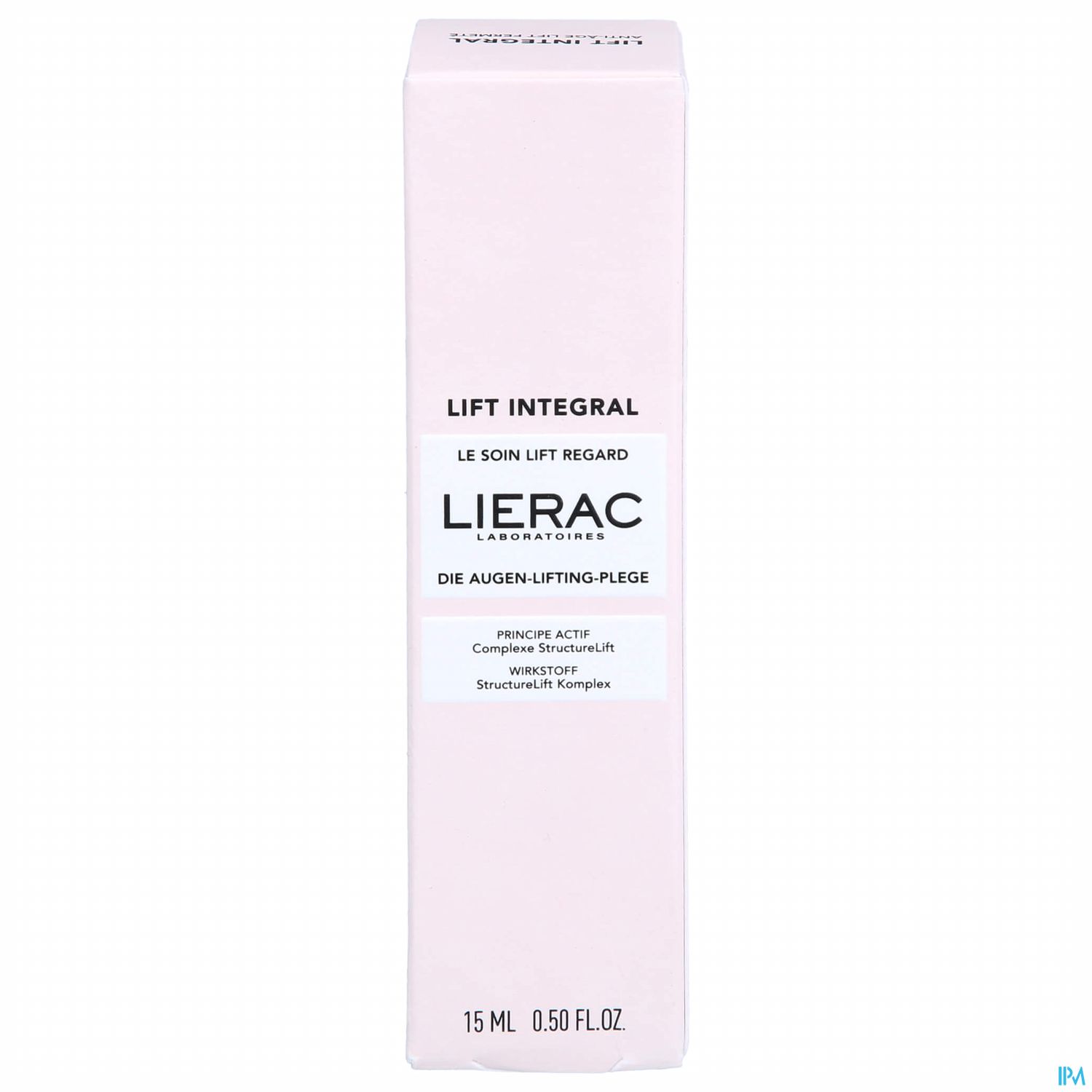 Packung der Lierac Augenlifting-Pflege mit der Bezeichnung "Lift Integral" und Hinweis auf den aktiven Inhaltsstoff.