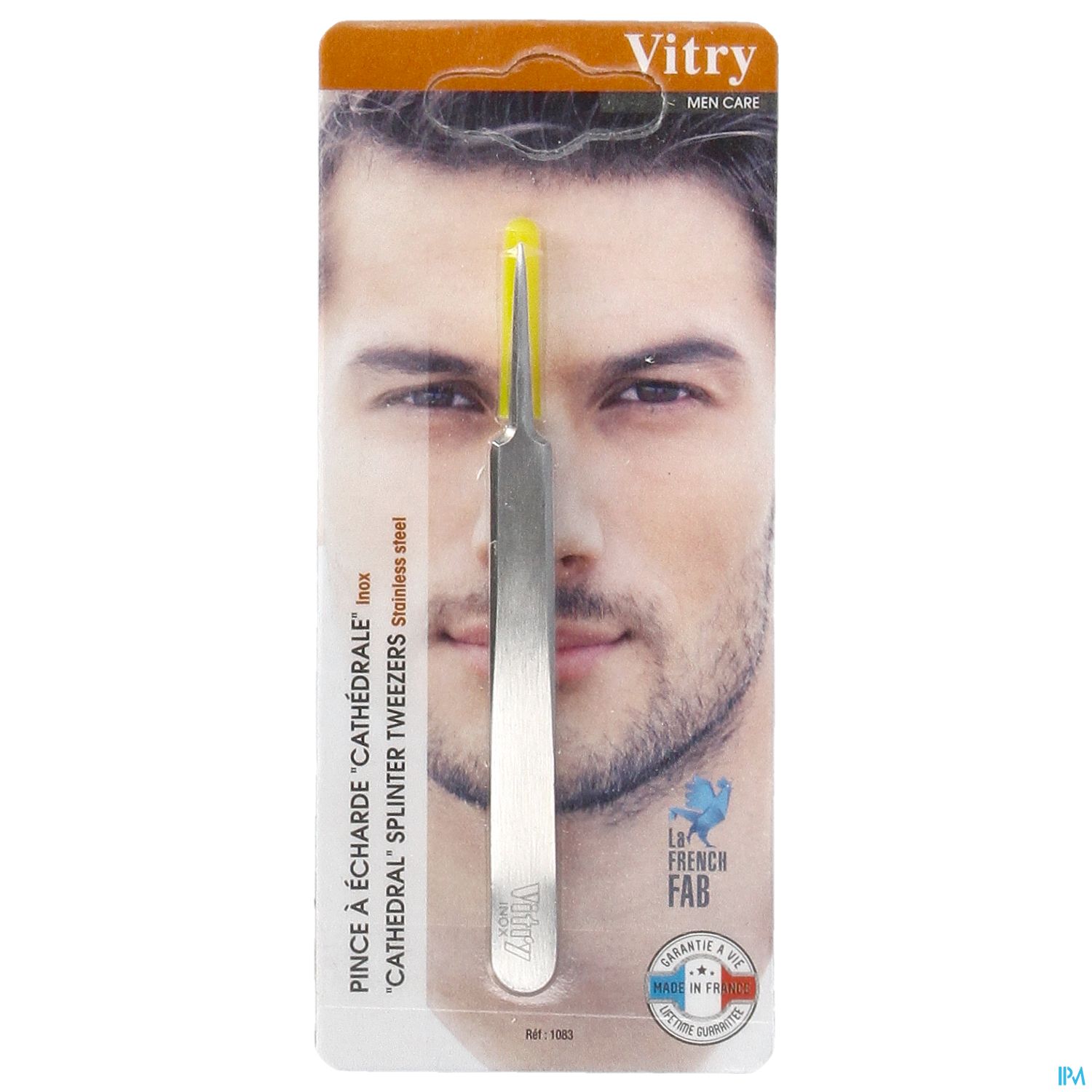 Packungsansicht von Vitry Splinter Tweezer mit einer Nahaufnahme eines Mannes im Hintergrund.