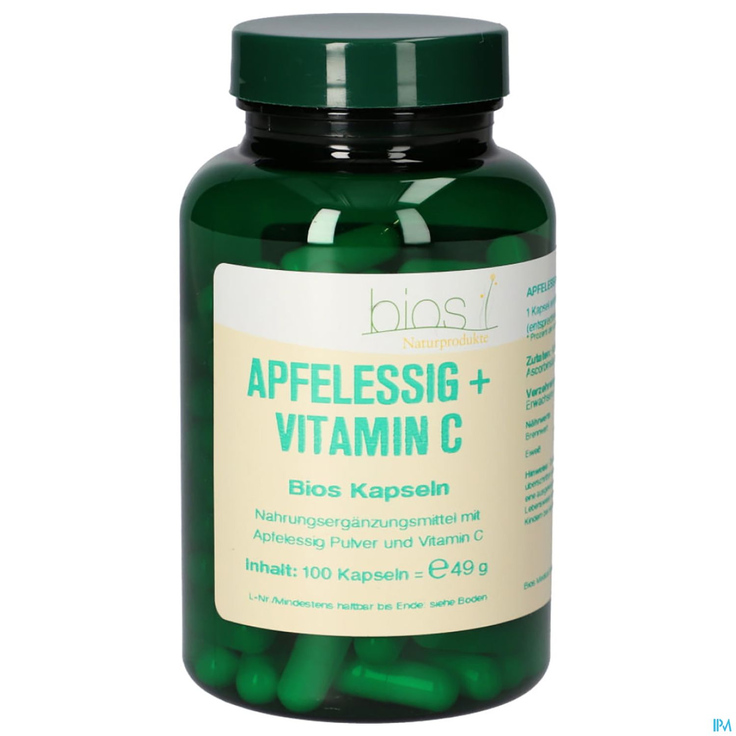 Grüner Flakon mit Kapseln, beschriftet mit "Apfelessig + Vitamin C", enthält 100 Kapseln, Preis: 4,99 €.