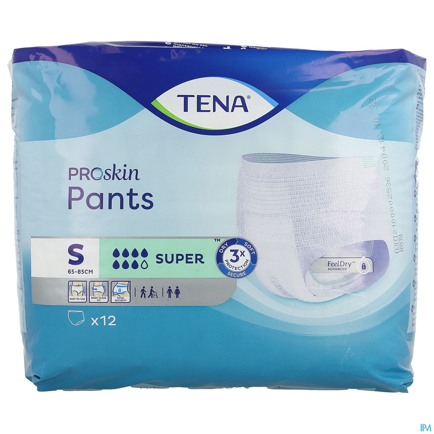 Packung mit TENA Proskin Pants in Größe S, 12 Stück, mit Hinweisen zur Saugfähigkeit.