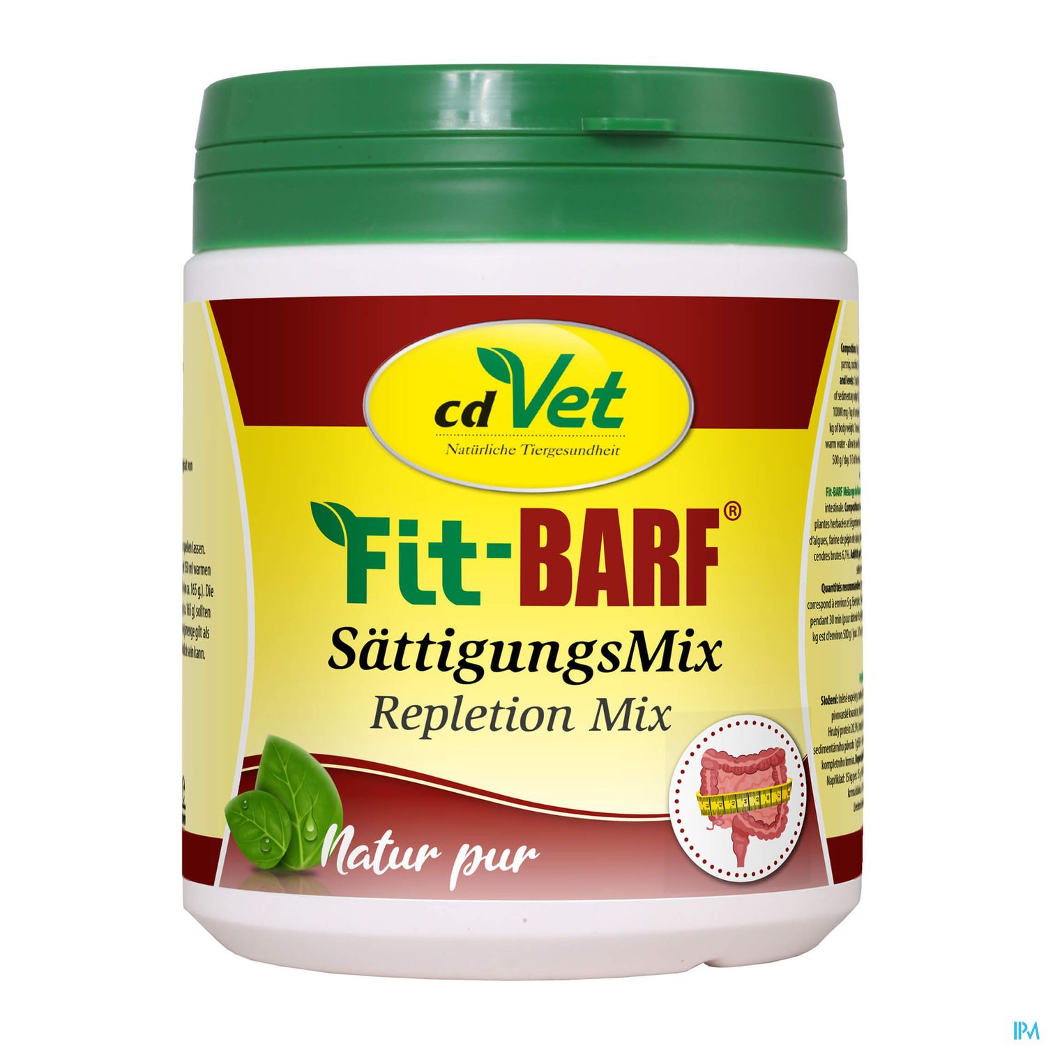 Weißer Behälter mit grünem Deckel und Aufschrift "cdVet Fit-BARF SättigungsMix Repletion Mix Natur pur".