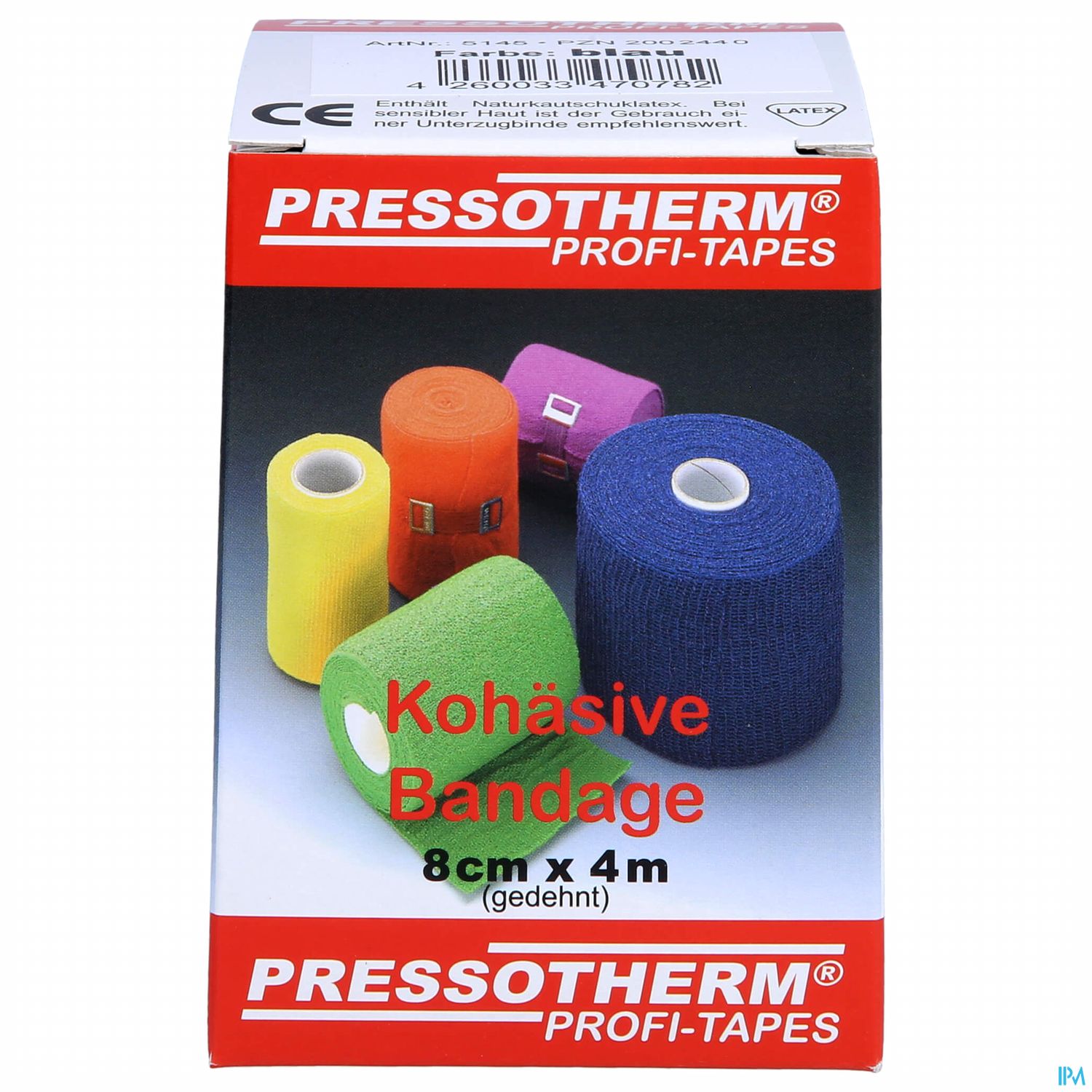 Verpackung mit verschiedenen kohäsiven Bandagen in verschiedenen Farben und Größen, beschriftet mit "Kohäsive Bandage 8cm x 4m (gedehnt)" und dem Logo "PRESSOTHERMO".