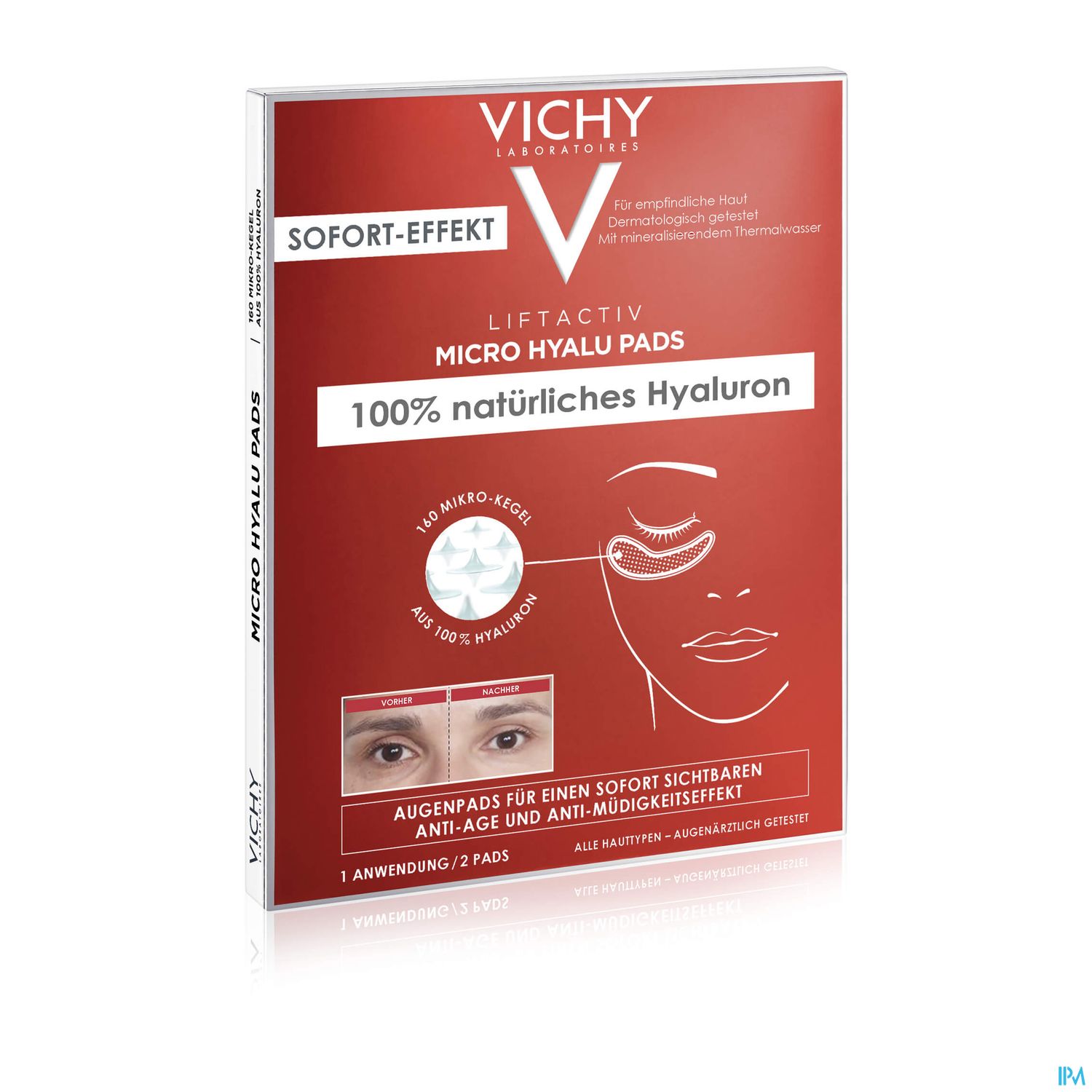 Verpackung der Vichy Liftactiv Micro Hyalu Pads mit der Aufschrift "Sofort-Effekt" und "100% natürliches Hyaluron", abgebildet mit einem Augenbereich.