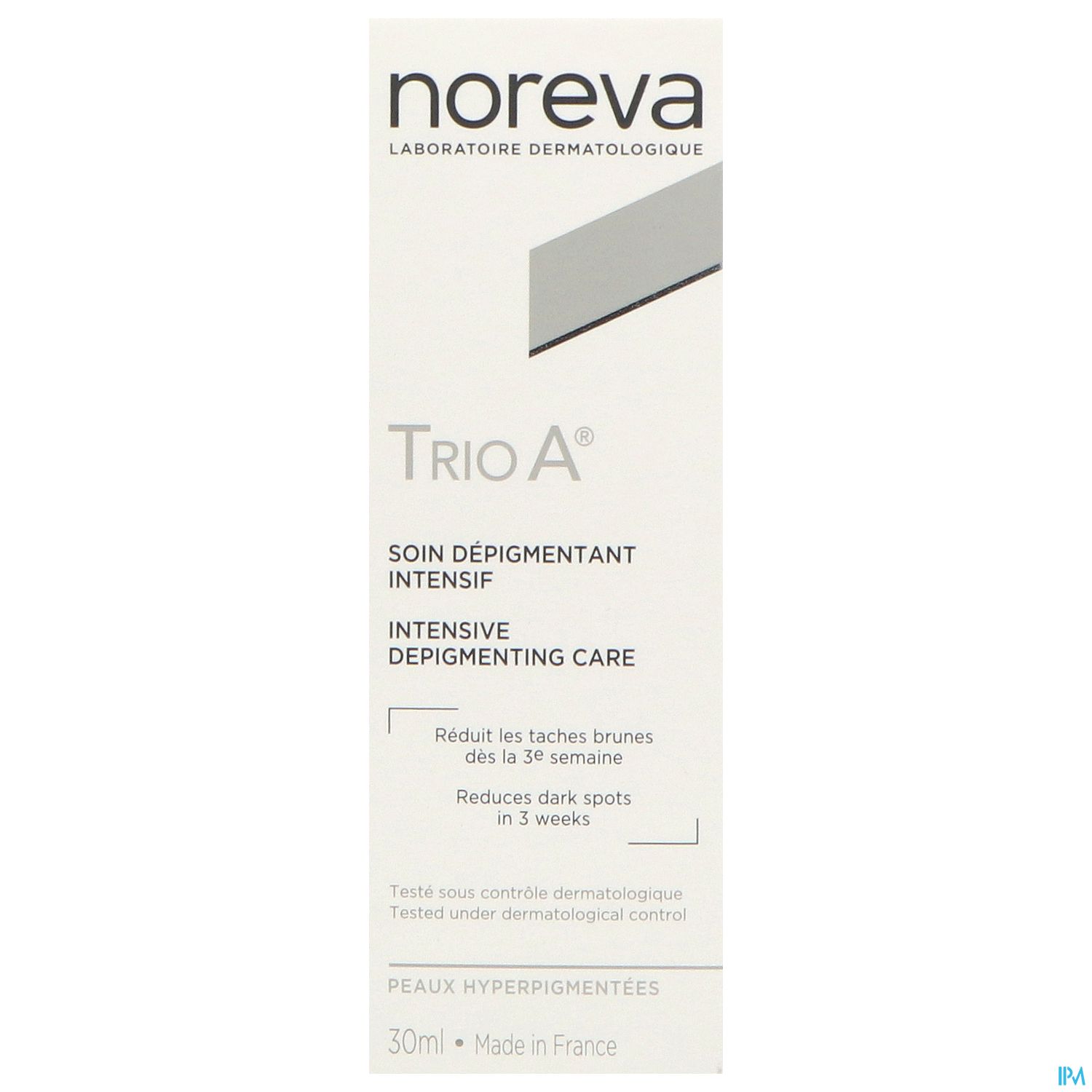 Verpackung des Produkts "Trio A" von Noreva, 30 ml, mit Informationen zur Anwendung gegen hyperpigmentierte Haut.