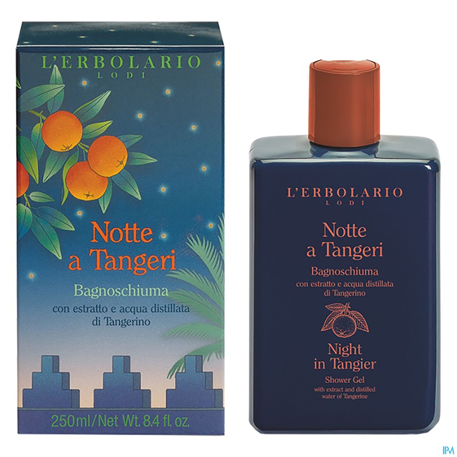 Flasche und Verpackung von "Notte a Tangeri" Bagnoschiuma von L'Erbolario, mit orangefarbenem Deckel und Illustrationen von Tangerinen und Palmen.