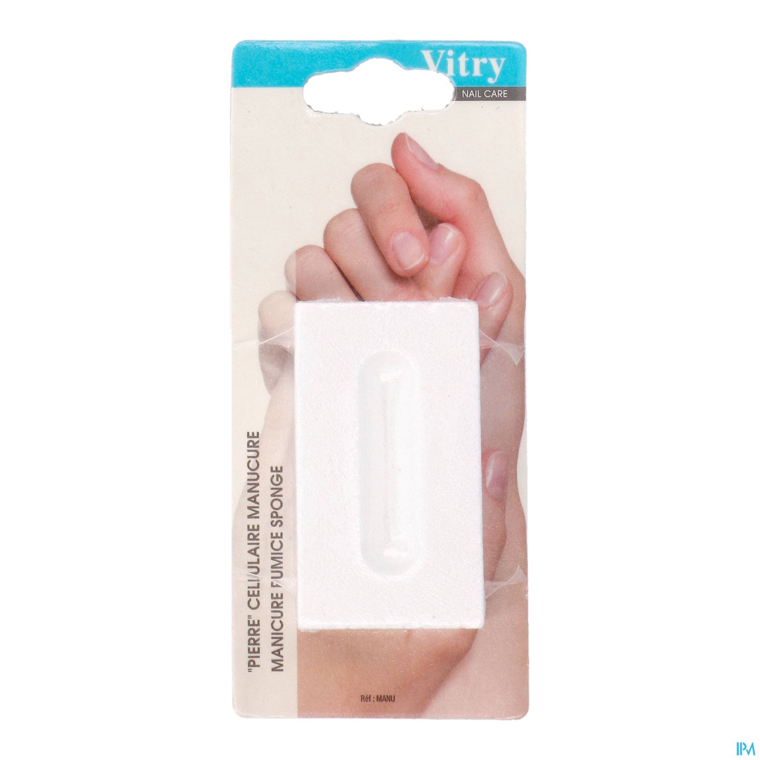 Verpackung eines Maniküre-Schwamms von Vitry, mit abgebildeten Händen.