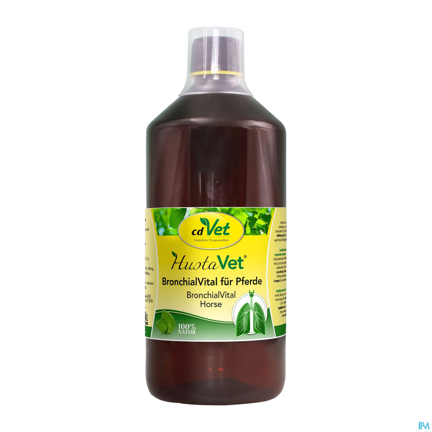 Braune Flasche mit dem Etikett "cdVet HustaVet BronchialVital für Pferde", 100% natürliche Inhaltsstoffe.