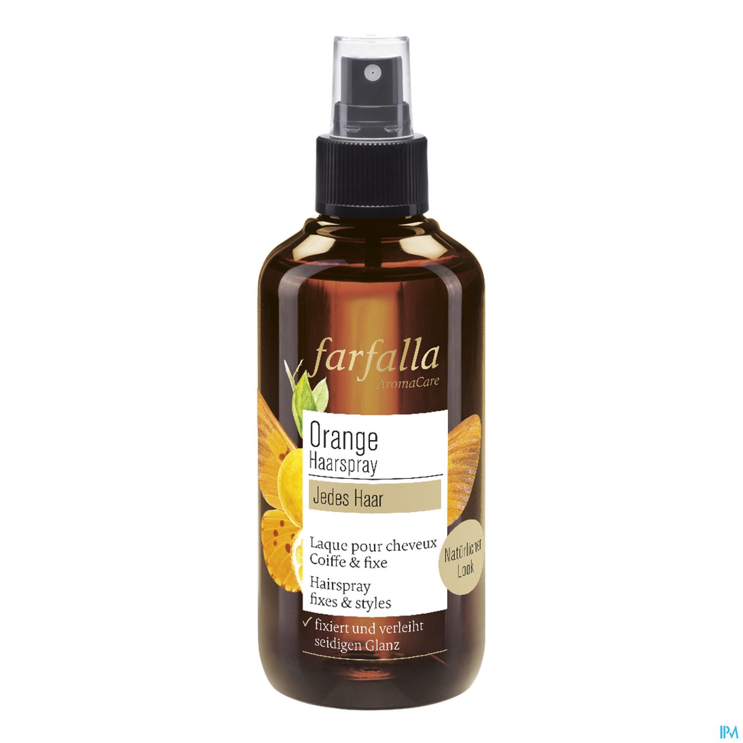 Braunflasche mit Pumpspray für Orangen-Haarspray der Marke farfalla, beschriftet mit den Worten "Orange Haarspray" und "Jedes Haar".