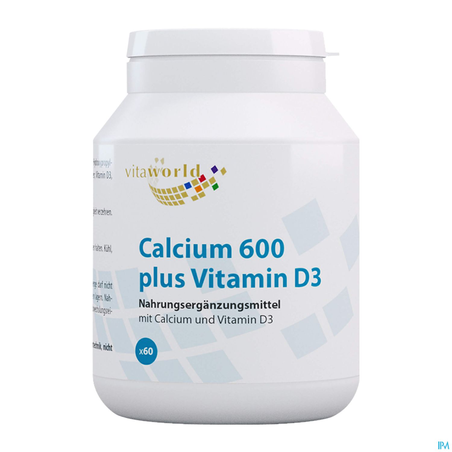 Weißer Behälter mit Etikett "Calcium 600 plus Vitamin D3" von vita world, Nahrungsmittelergänzungsmittel mit 60 Kapseln.