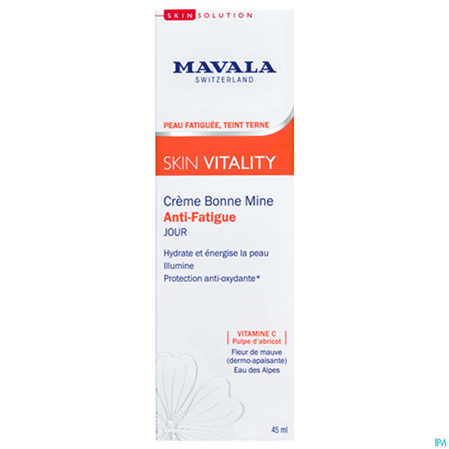 Produktverpackung der Mavala Anti-Fatigue Creme, 45 ml, mit Hinweisen zur Hydratation und antioxidativen Schutz.