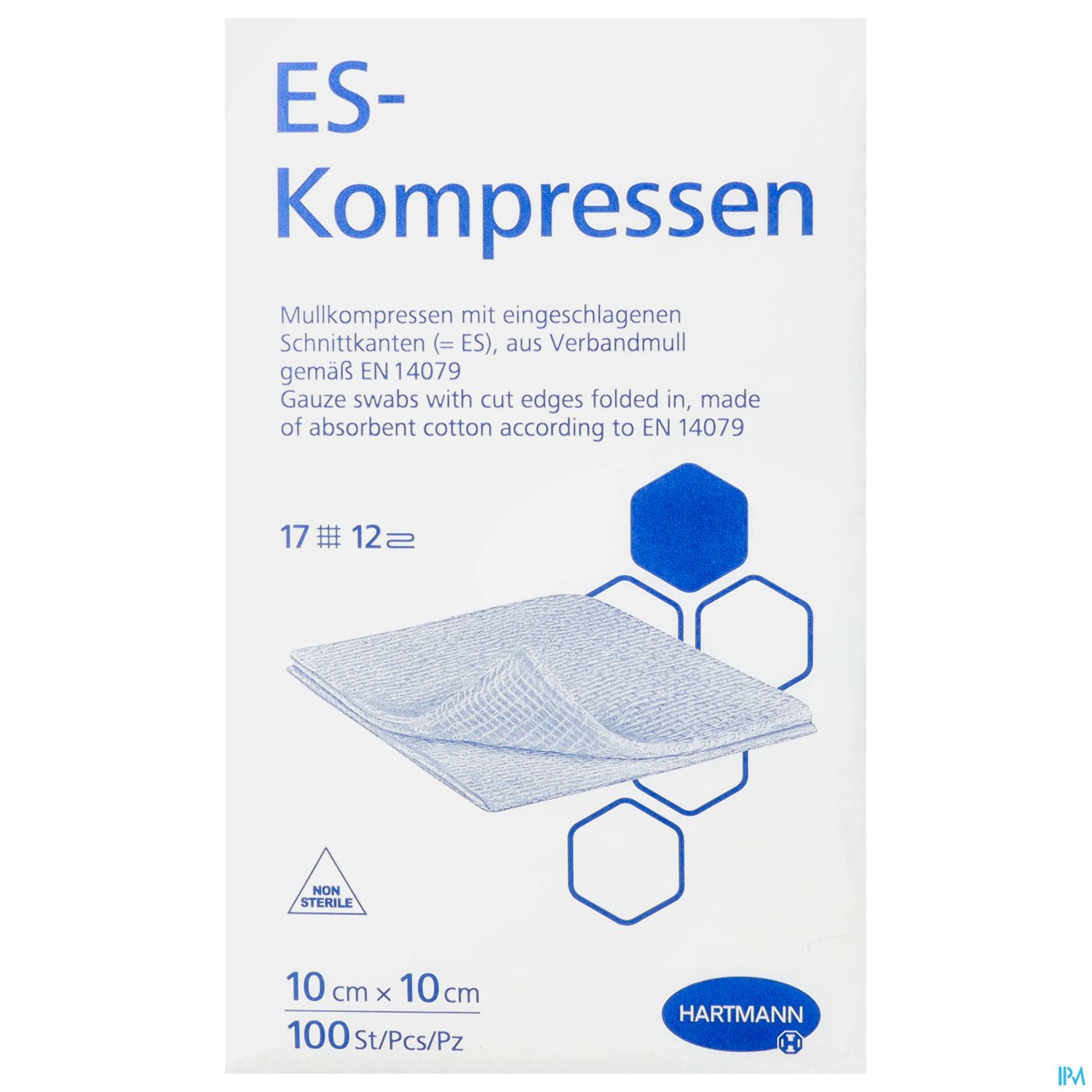 Verpackung von ES-Kompressen mit Produktinformationen und Bild eines gefalteten Mulltuches.