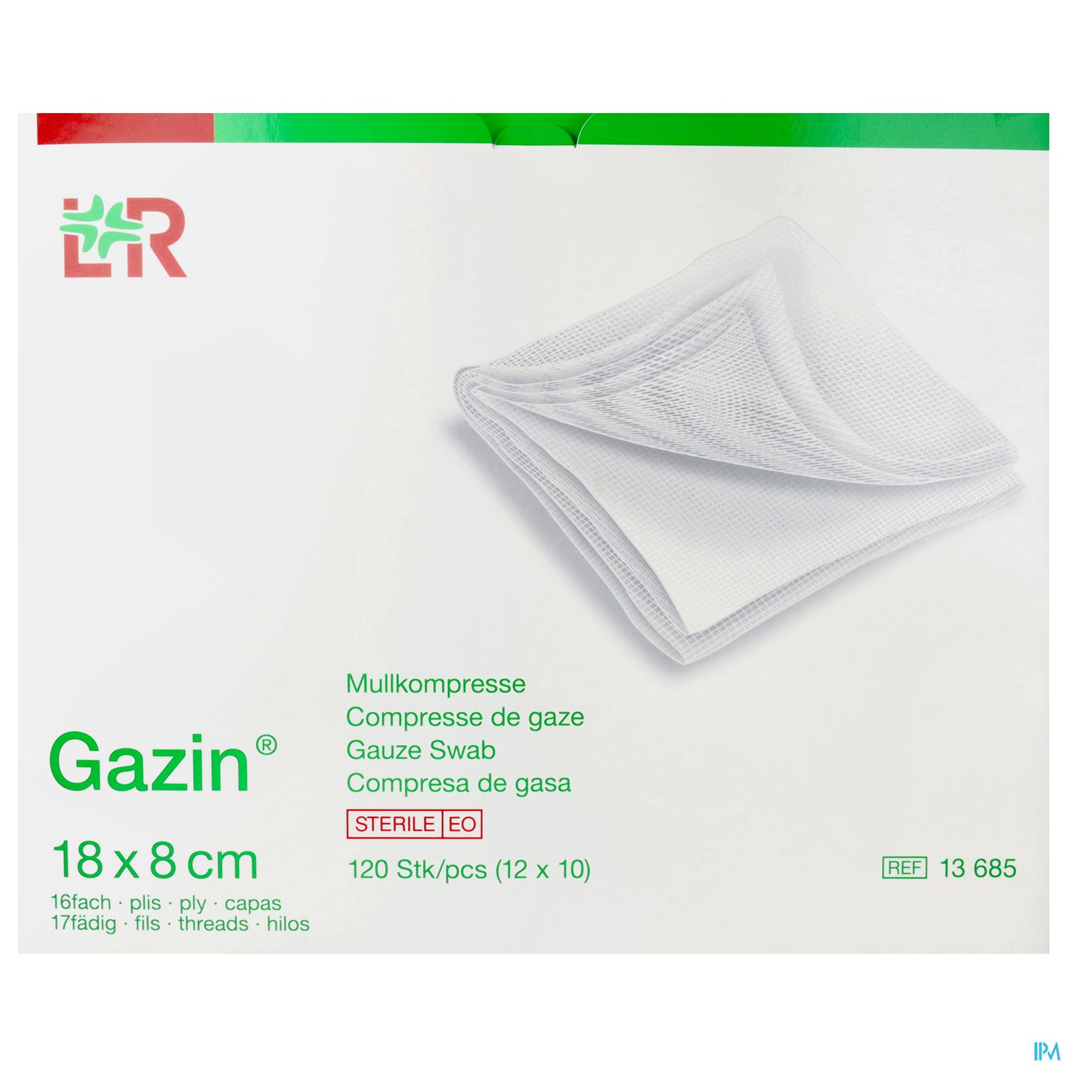 Verpackung einer sterilen Mullkompresse (18 x 8 cm) mit der Aufschrift "Gazin" und Hinweisen zu Inhalt und Referenznummer.