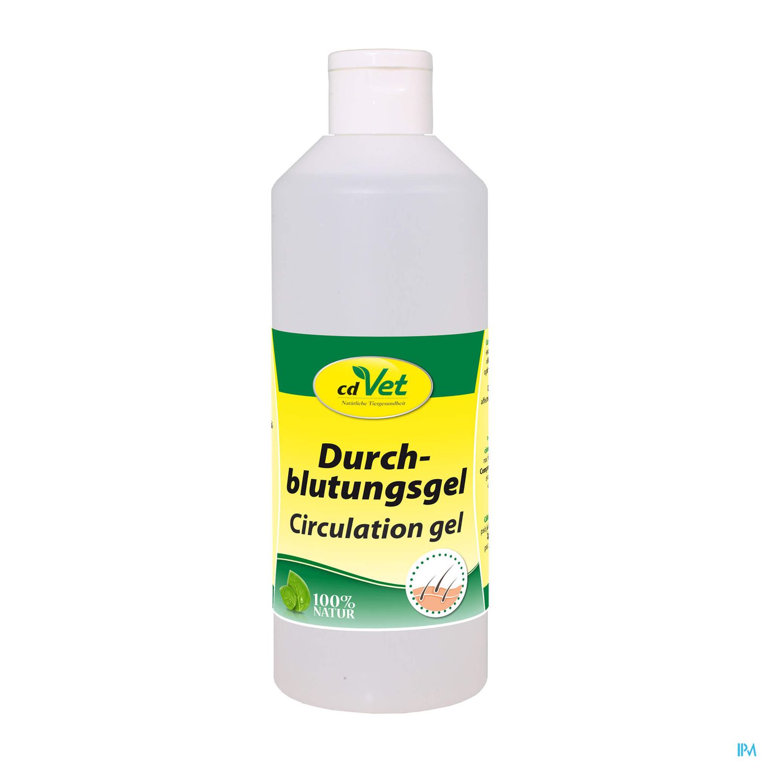 Flasche mit Durchblutungsgel von cdVet, gelb-grünes Etikett, 100% Natur.