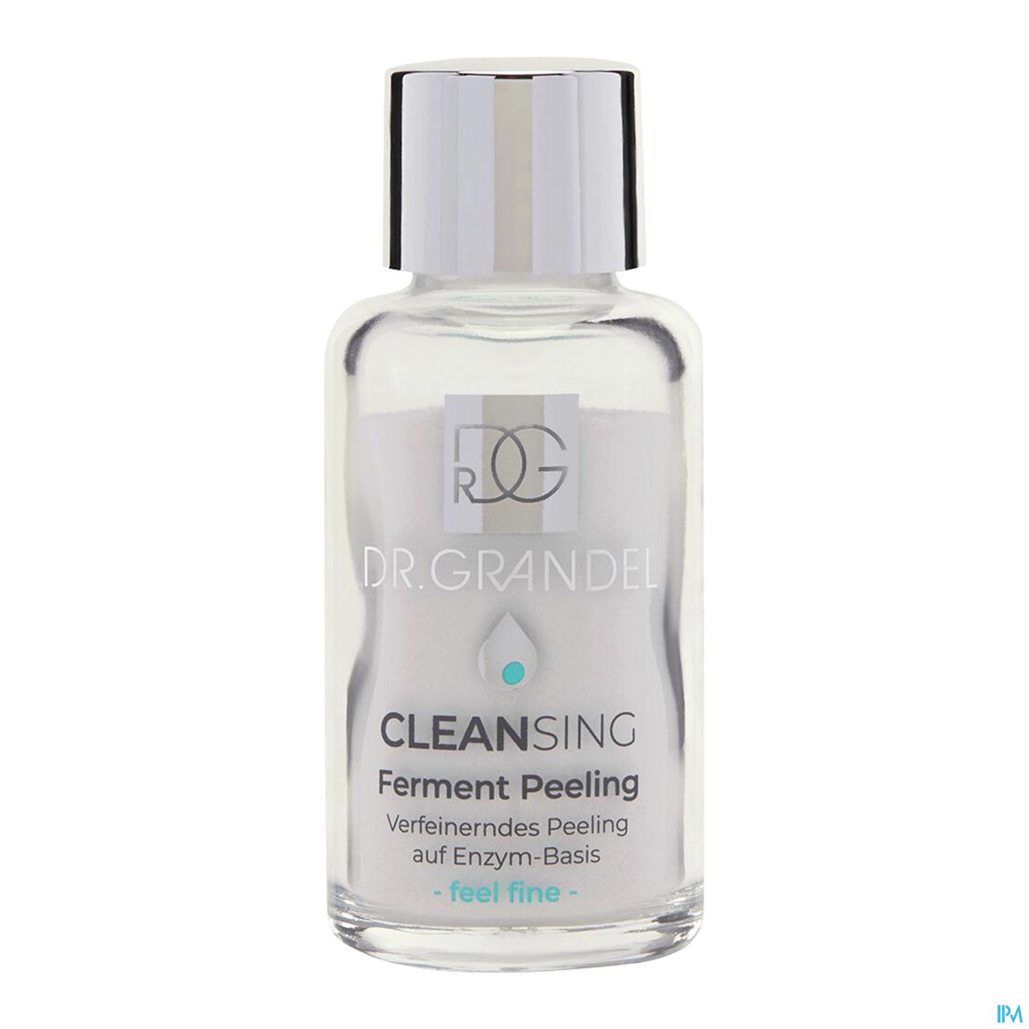 Flasche mit Dr. Grandel Cleansing Ferment Peeling, transparente Verpackung mit einer silbernen Kappe und einem blauen Tropfen-Symbol.