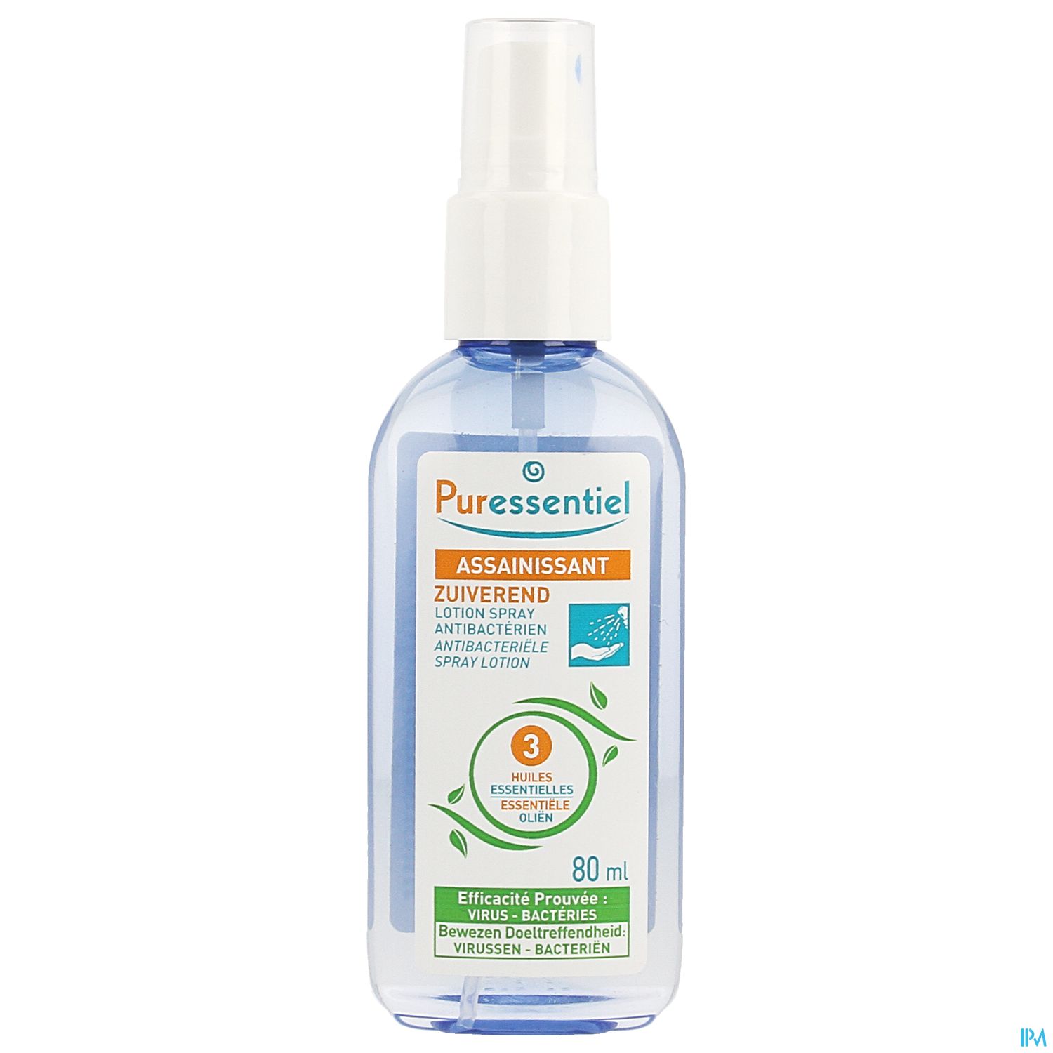 Flasche mit antibakterieller Spray-Lotion von Puressentiel, 80 ml, mit orange-blauer Etikettierung und natürlichen Inhaltsstoffen.