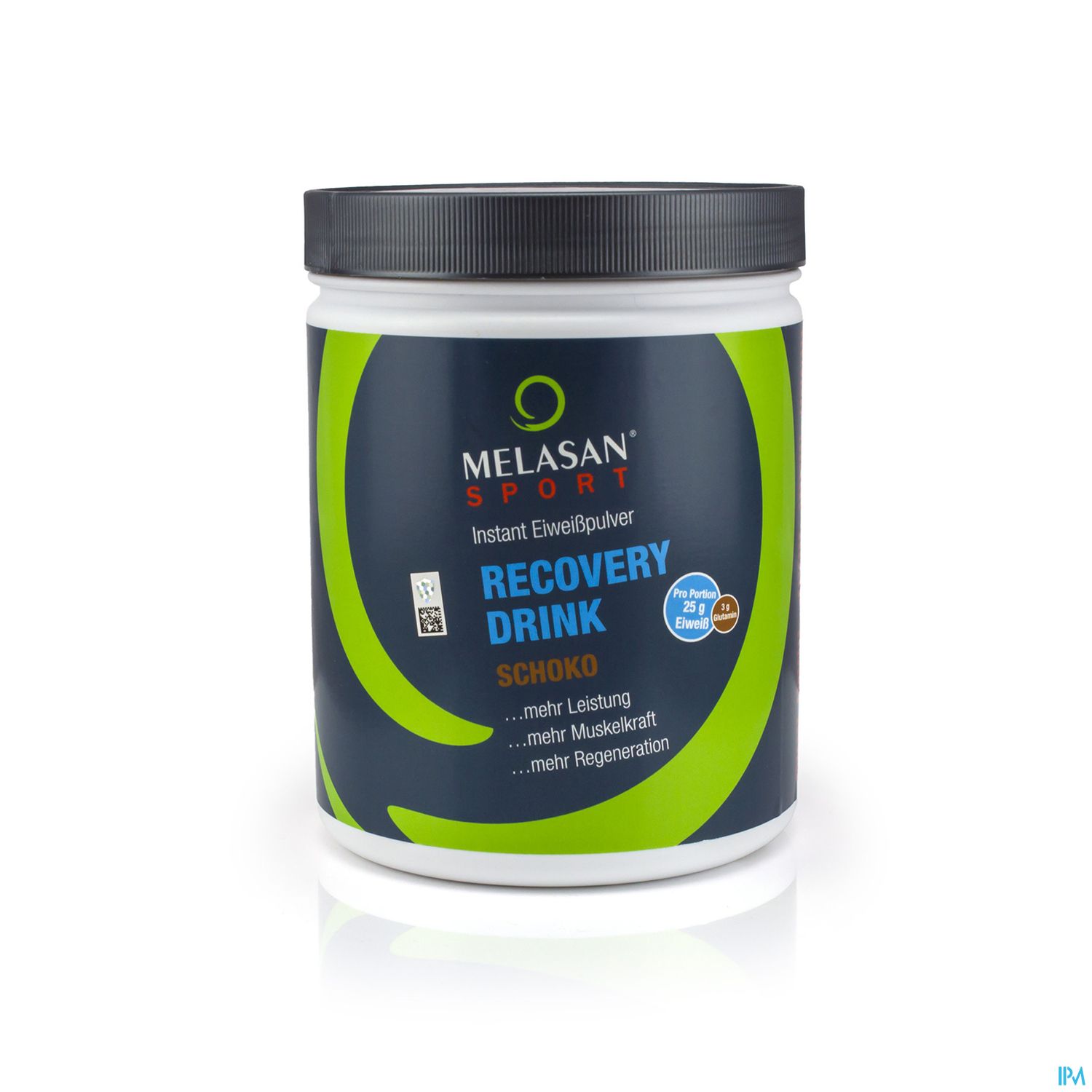Weißer Behälter mit schwarzem Deckel, beschriftet mit "MELASAN SPORT RECOVERY DRINK Schoko" und hinweisenden Texten zu Leistung, Muskelkraft und Regeneration.