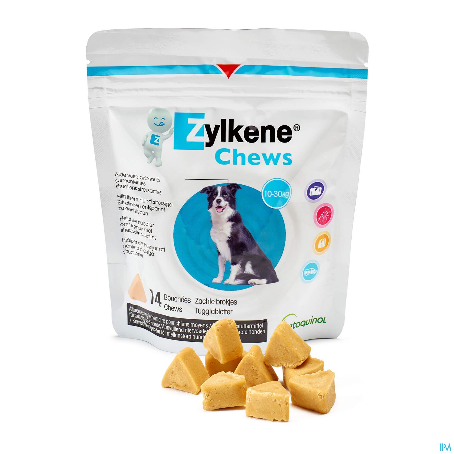 Tüte mit Zylkene Chews für Hunde und mehrere Kauriegel auf einer Oberfläche.