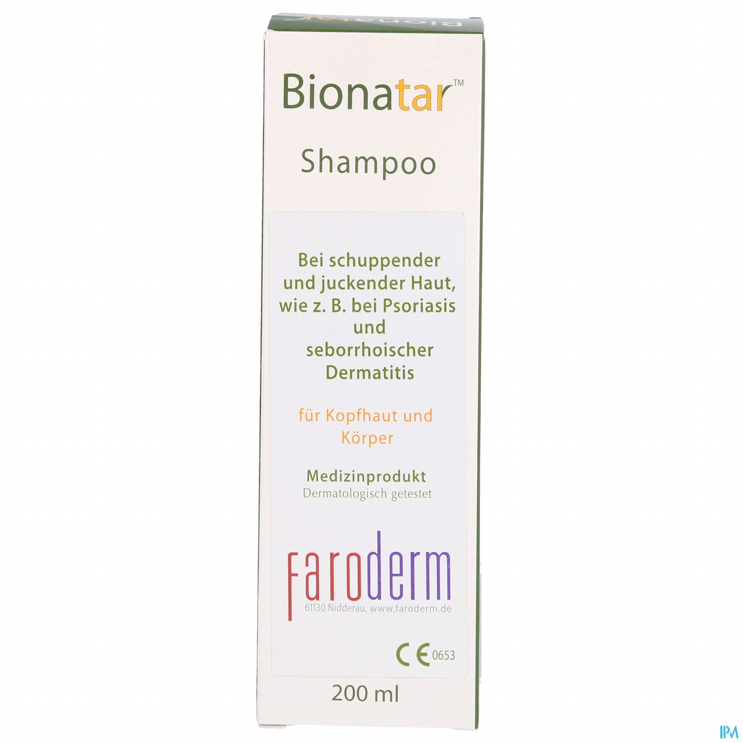 Verpackung eines Bionatar Shampoos mit Angaben zur Anwendung bei schuppender und juckender Haut für Kopfhaut und Körper.