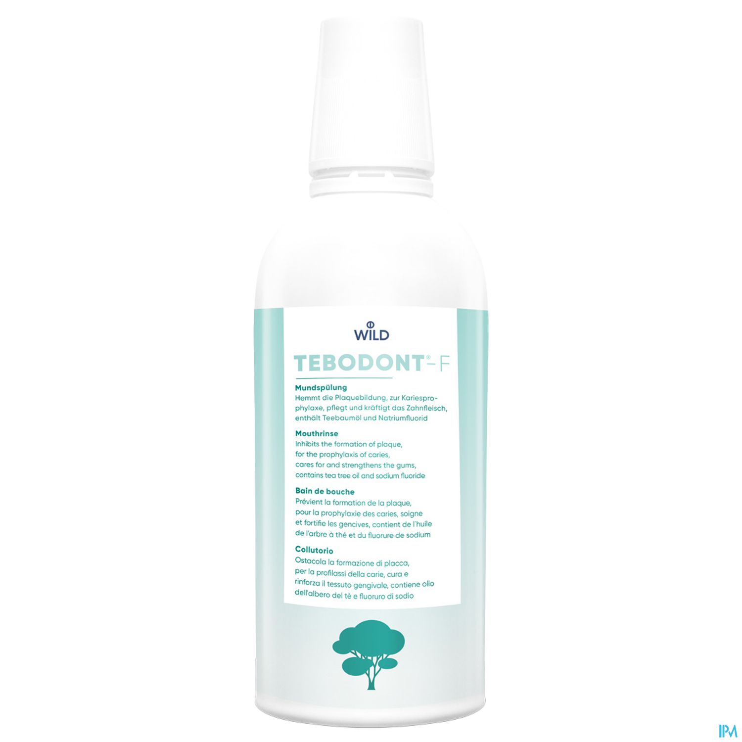 Flasche mit dem Produkt TEBODONT-F, die eine Handspülung zur Unterstützung der Mundhygiene bewirbt.