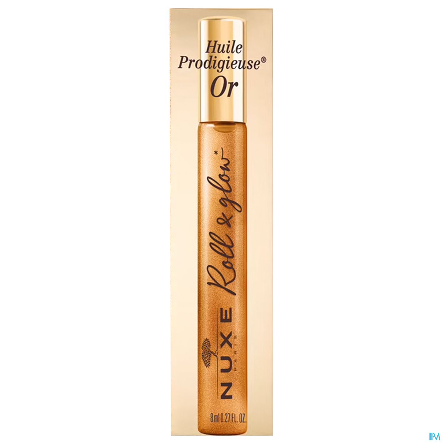 Roll-on Flasche mit goldener Öltextur von NUXE, beschriftet mit „Huile Prodigieuse Or“ und „Roll & Glow“.