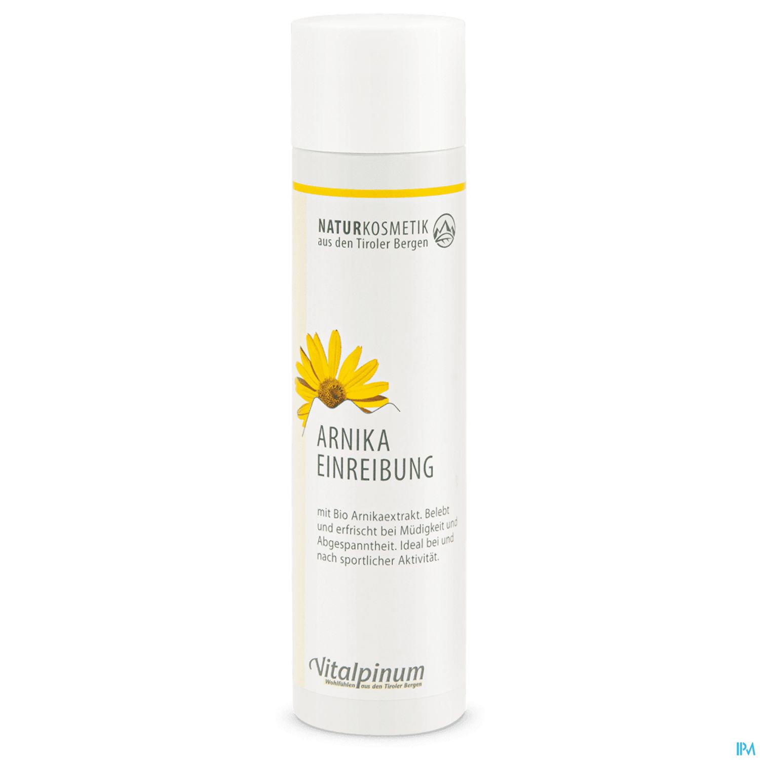 Flasche mit Arnica-Einreibung, naturkosmetisch, mit der Aufschrift "Arnika Einreibung" und einem gelben Blumenmotiv.