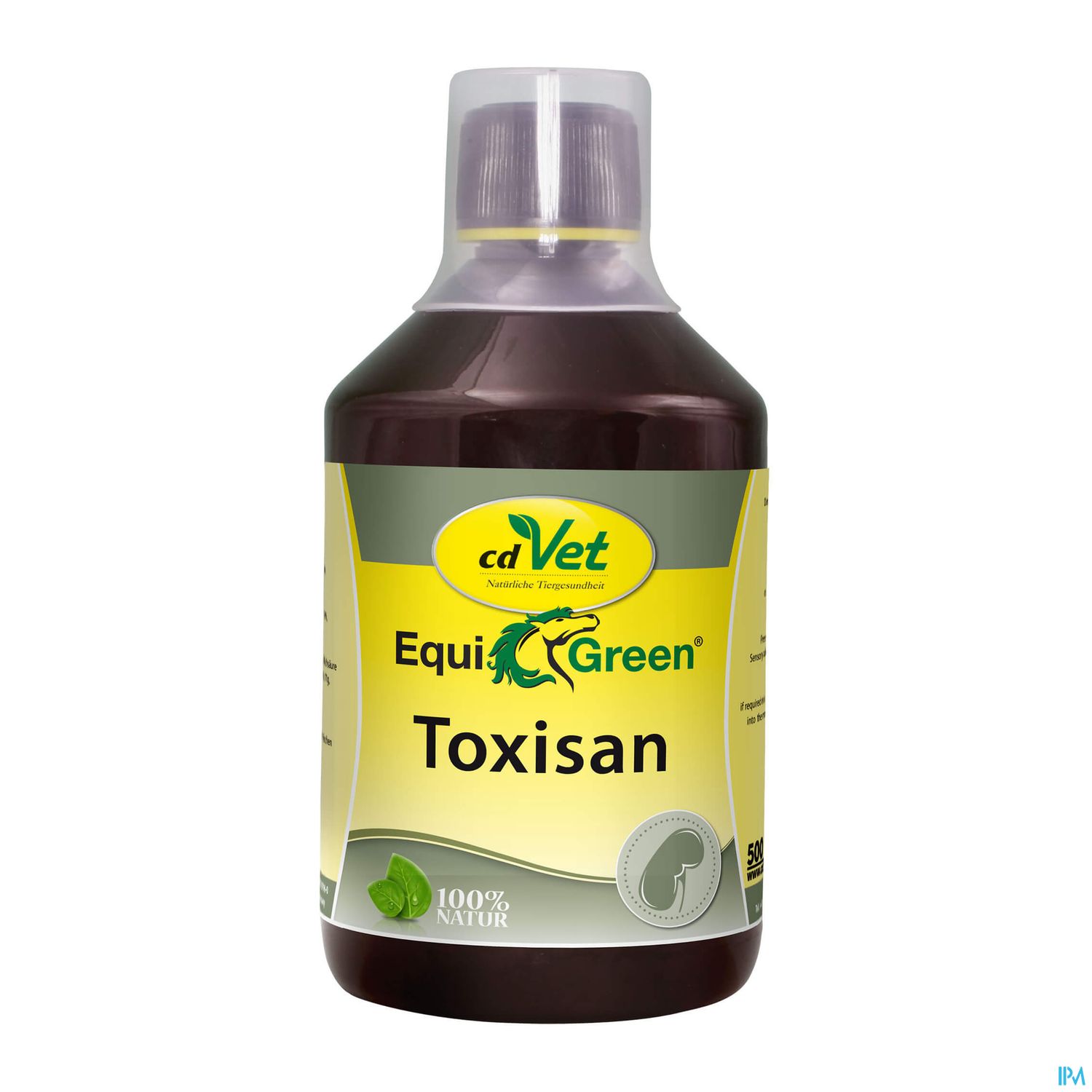 Flasche mit dem Produkt "cdVet EquiGreen Toxisan", 500 ml, mit gelbem Etikett und transparentem Deckel.