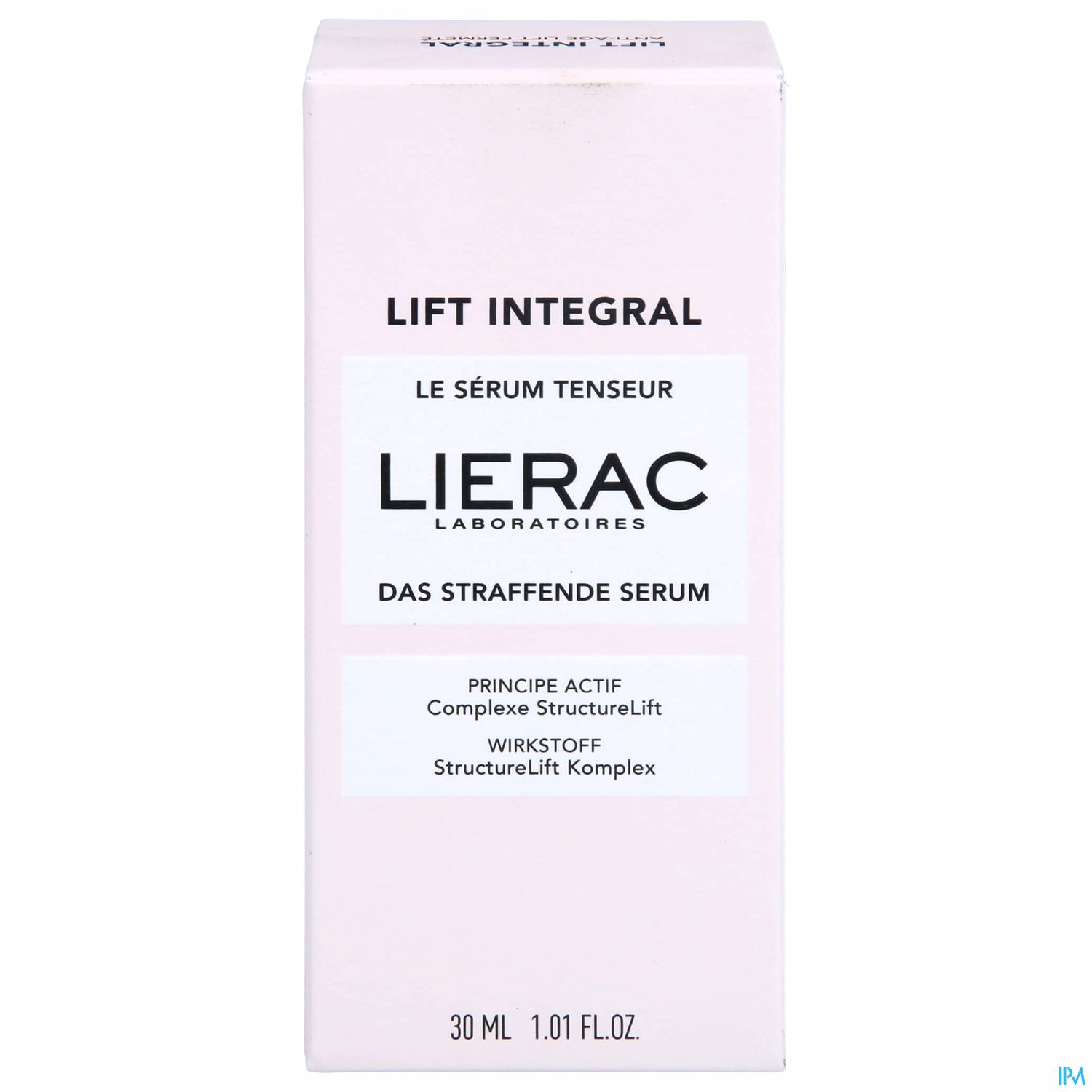 Verpackung eines straffenden Serums von Lierac in rosa mit der Aufschrift "Lift Integral" und Inhaltsangaben.