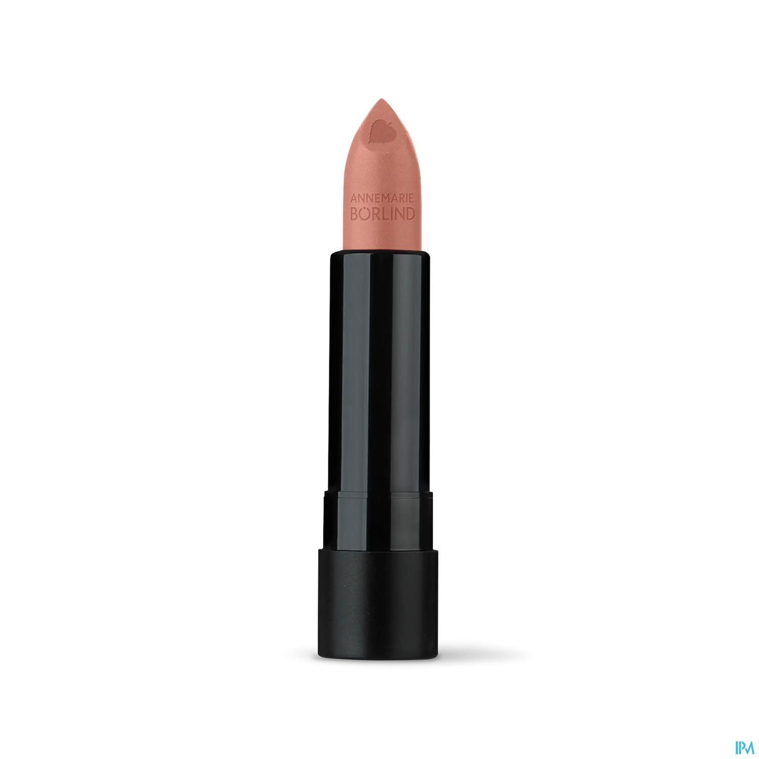 Ein Lippenstift in einem schwarzen Gehäuse mit einer hellen Farbe.