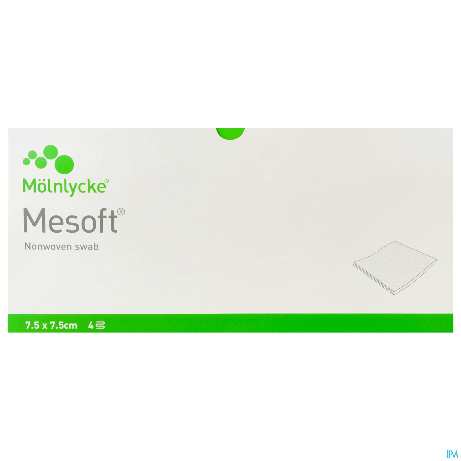 Verpackung eines nicht-gewebten Tupfers von Mölnlycke mit der Bezeichnung "Mesoft", Größe 7,5 x 7,5 cm.