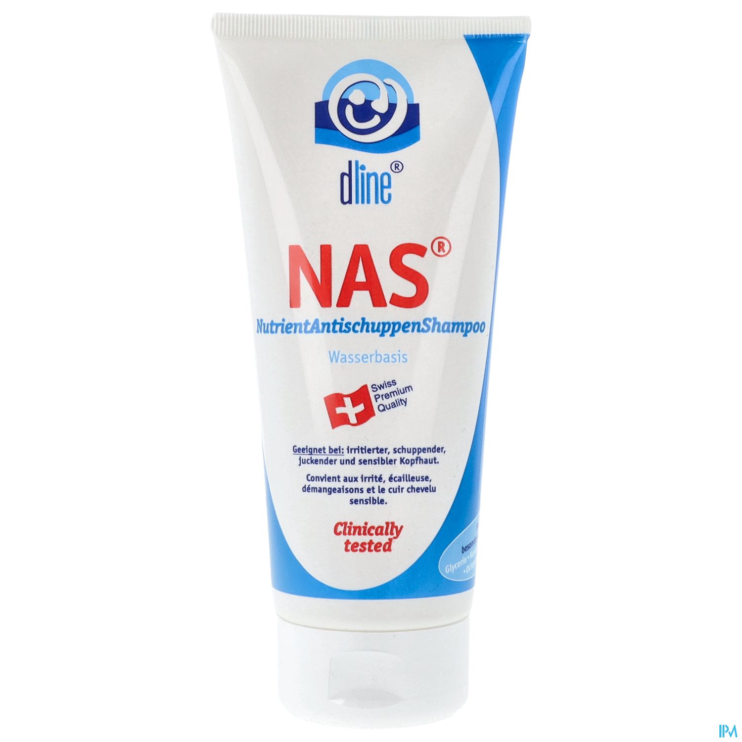 Röhre mit NAS Nutrient Antischuppen Shampoo, Wasserbasis, von dline, mit Beschreibung und Schweizer Kreuz.