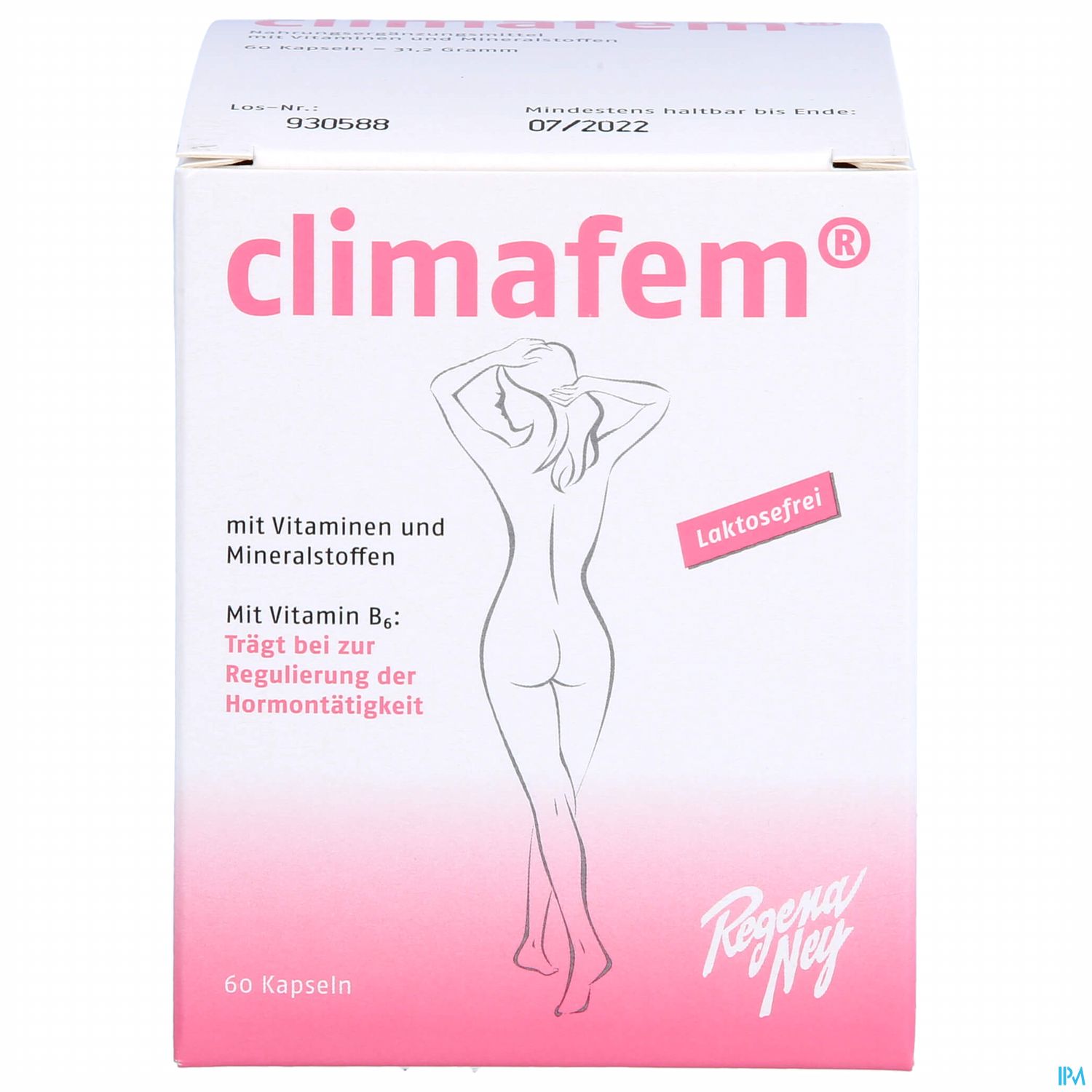 Packung mit dem Produkt "climafem", enthalten sind 60 Kapseln, die laktosefrei sind und zur Regulierung der Hormonaktivität beitragen.