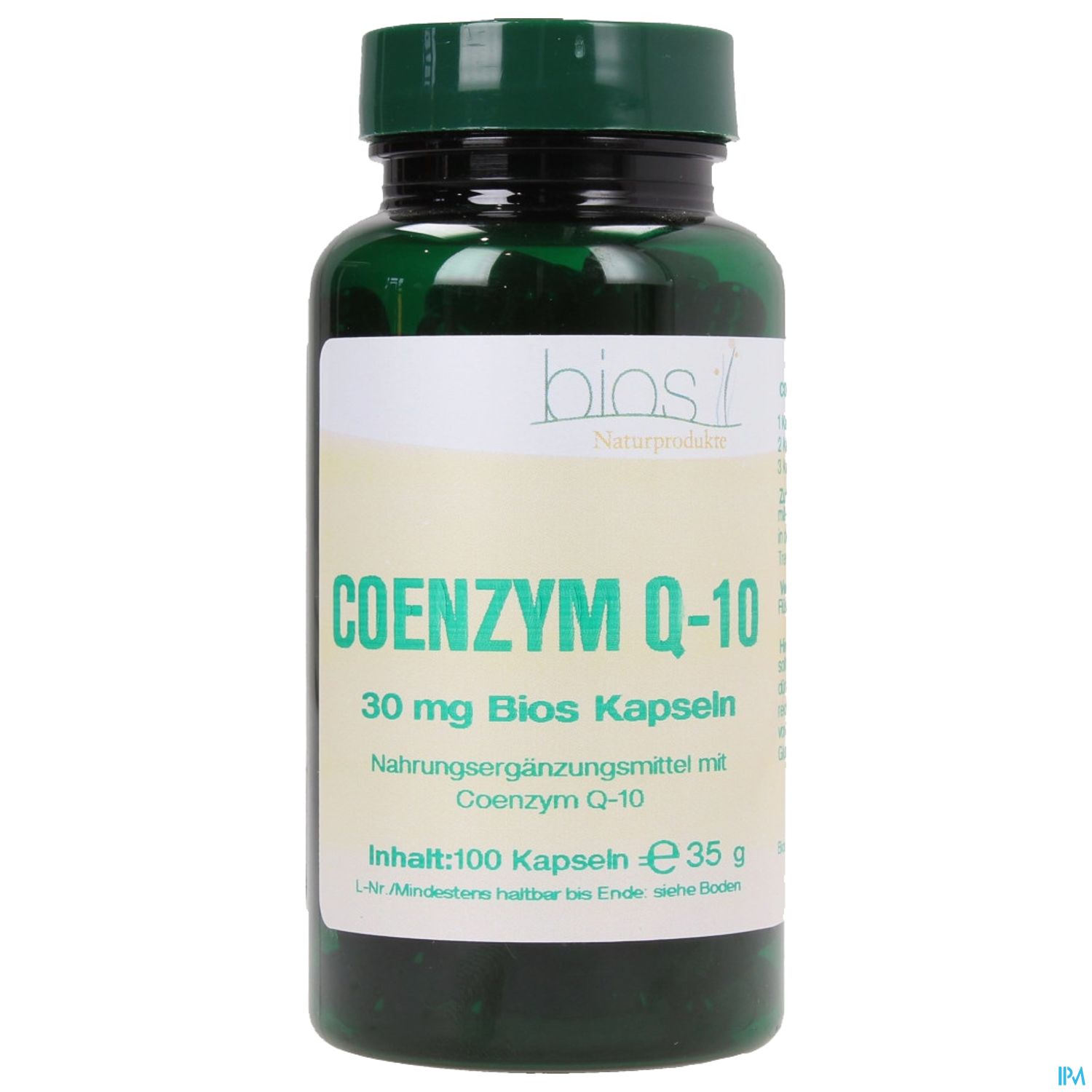 Grüne Flasche mit Nahrungsergänzungsmittel Coenzym Q-10, 30 mg pro Kapsel, Inhalt 100 Kapseln.
