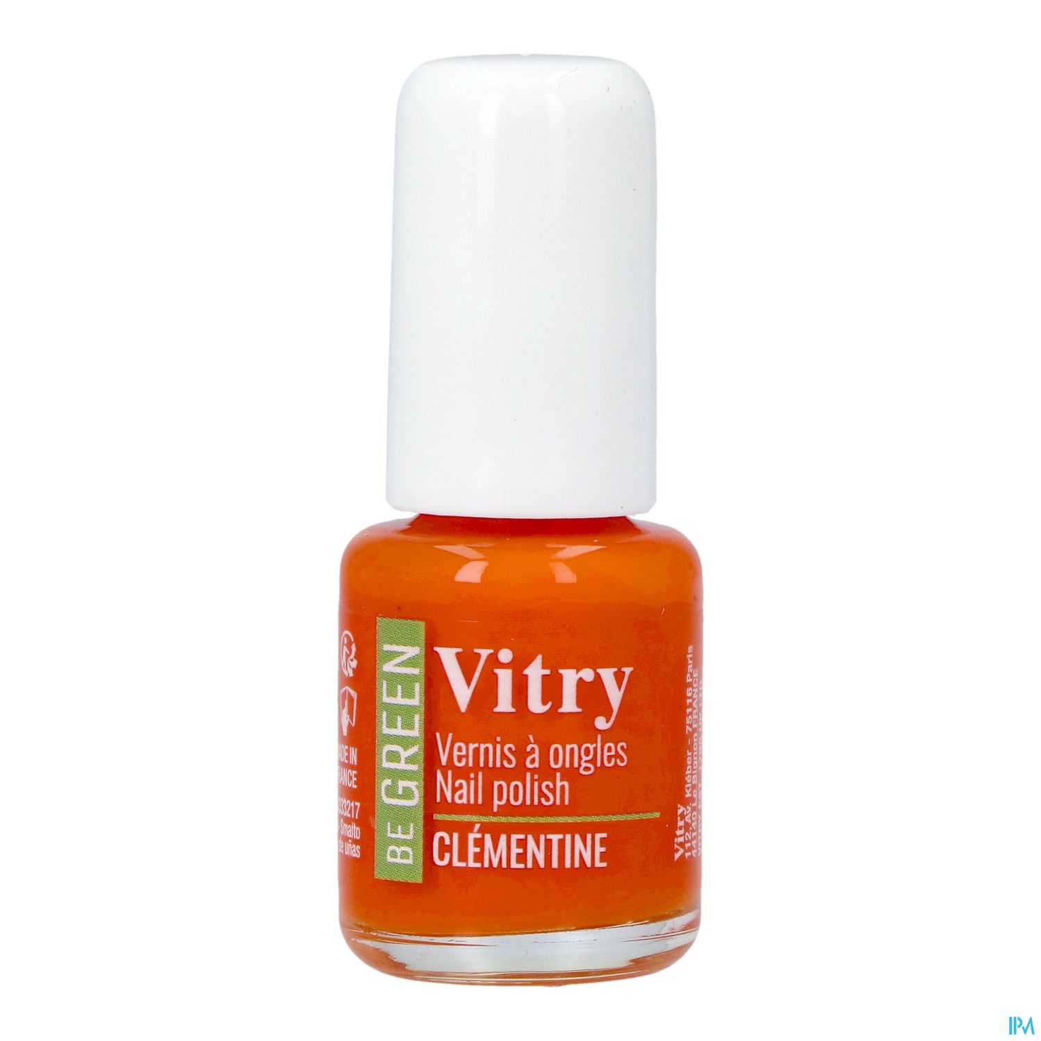 Eine Flasche Nagellack in orange mit einem weißen Deckel, beschriftet mit "Vitry Vernis à ongles Nail polish Clémentine".