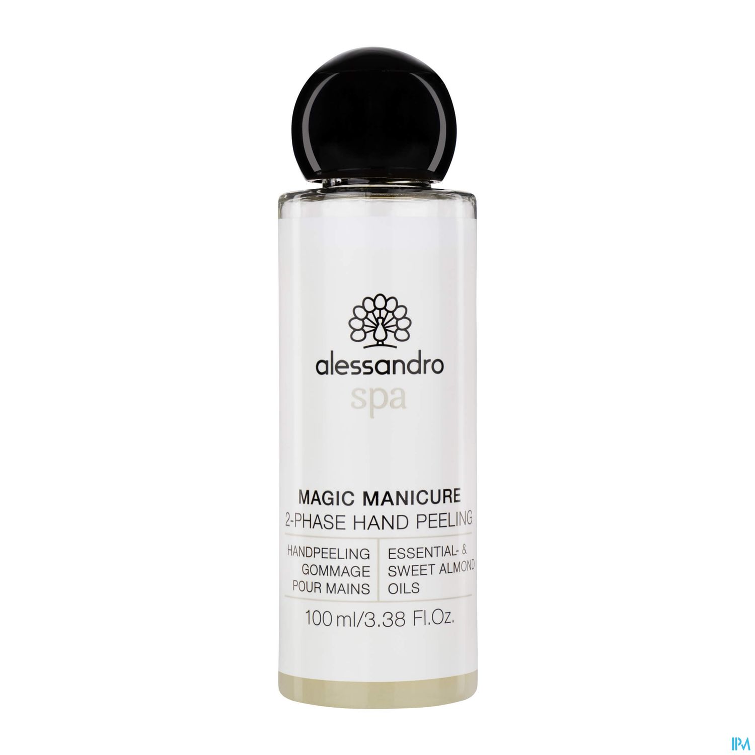 Flasche mit 2-Phasen Handpeeling von alessandro spa, 100 ml, mit schwarzem Deckel und weißem Etikett.