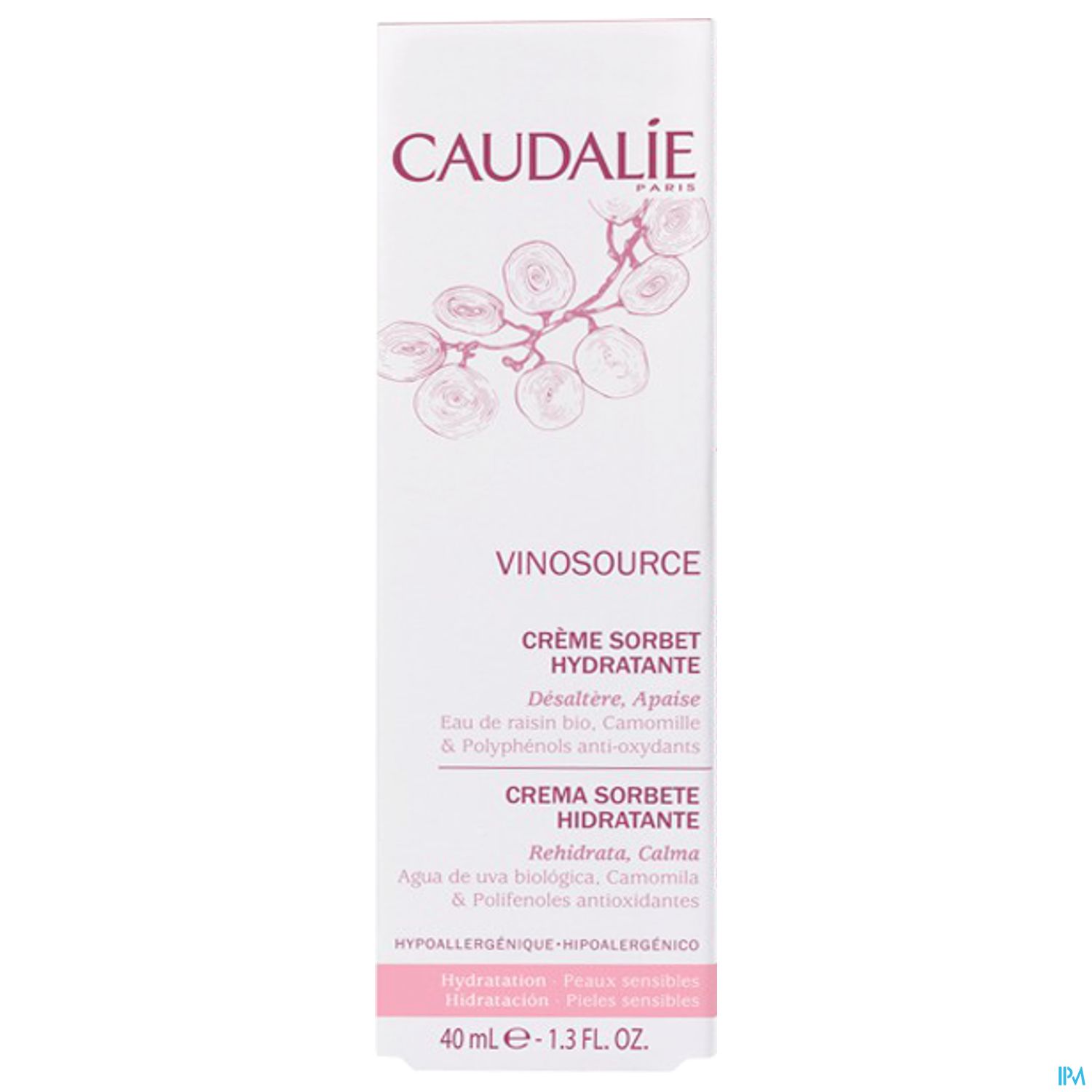 Verpackung einer Gesichtscreme mit der Bezeichnung "CAUDALIE VINOSOURCE Crème Sorbet Hydratante".