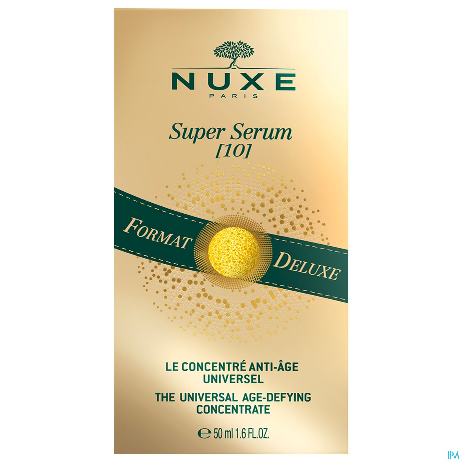 Produktverpackung von NUXE Paris Super Serum in Deluxe-Format mit goldenen Akzenten und Beschreibung.
