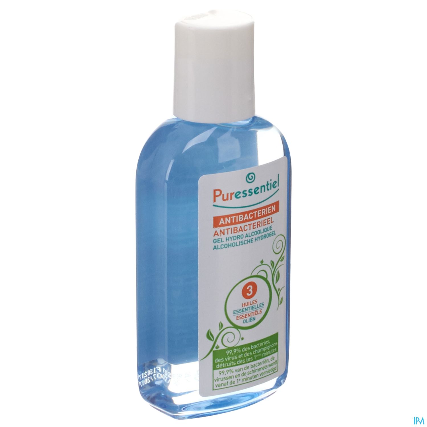 Eine Flasche mit antibakteriellem Handgel in blauer Flüssigkeit und einem weißen Verschluss. Die Vorderseite zeigt ein Etikett mit dem Namen "Puressentiel" und der Aufschrift "Antibakterien".
