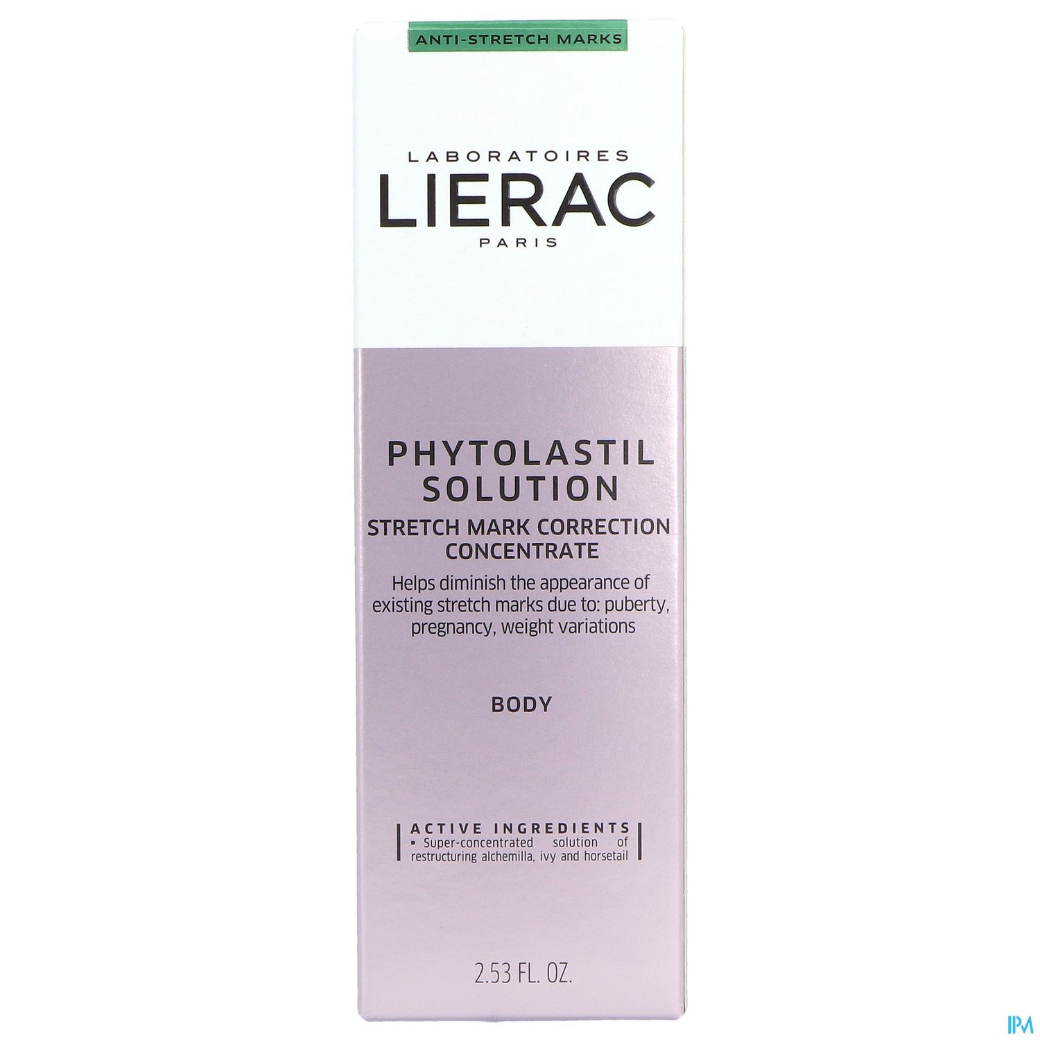Produktverpackung von Lierac Phytolastil Solution, einem Konzentrate gegen Dehnungsstreifen.